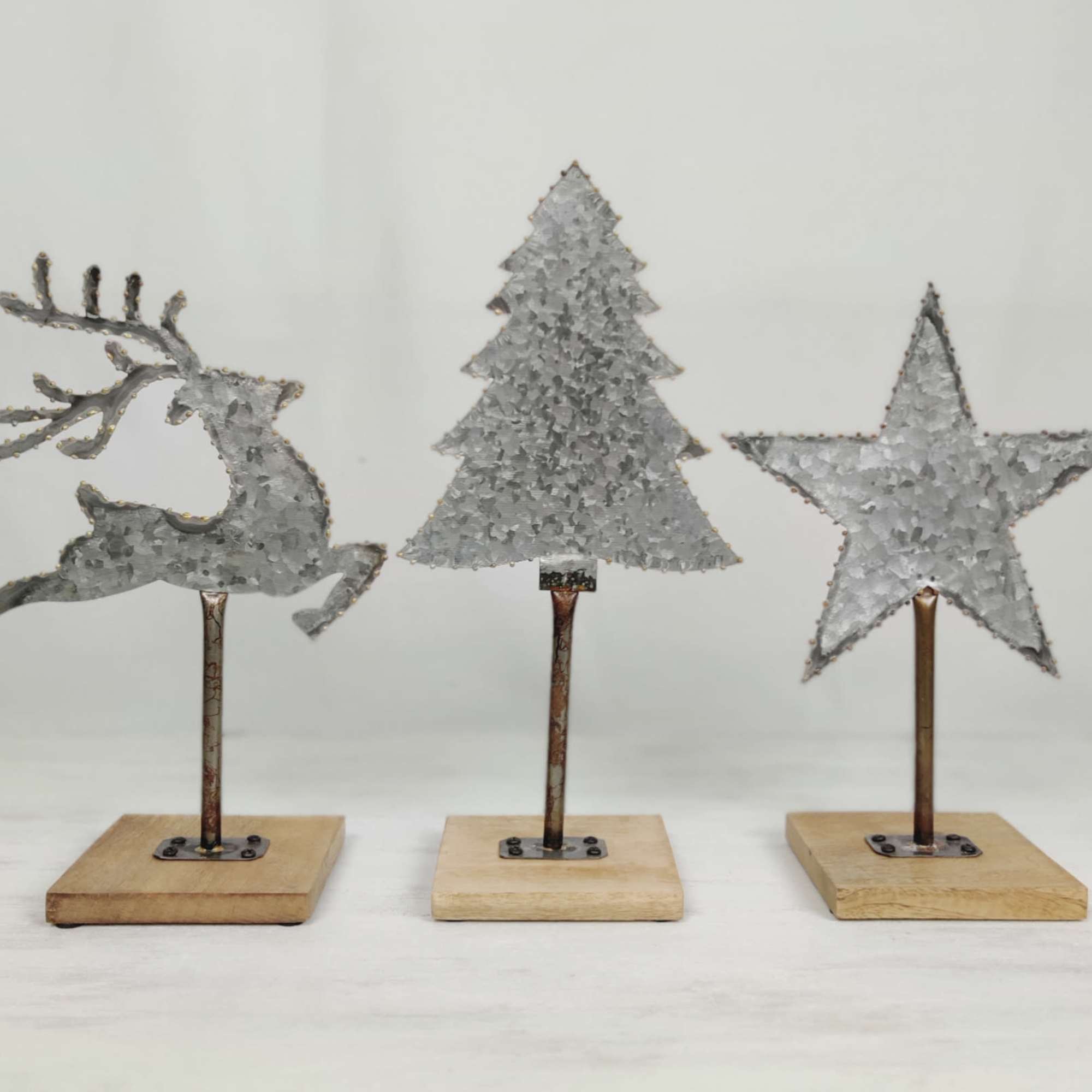 Set of 3 assorted. Galvanized metal and wood stand. 12&quot; to 14&quot;