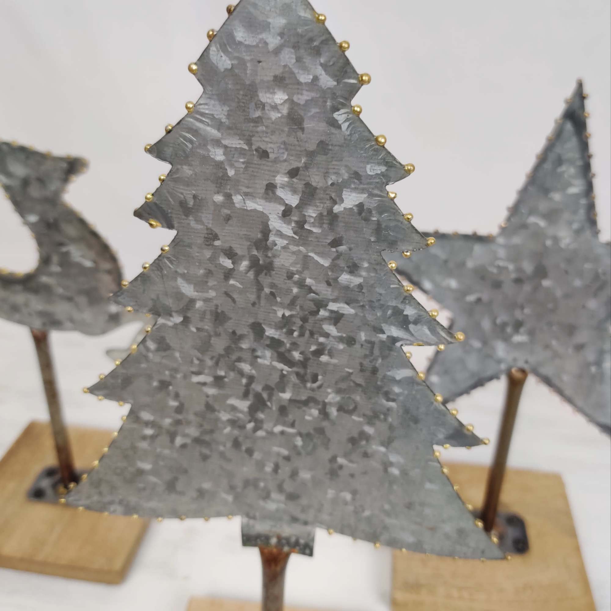 Set of 3 assorted. Galvanized metal and wood stand. 12&quot; to 14&quot;