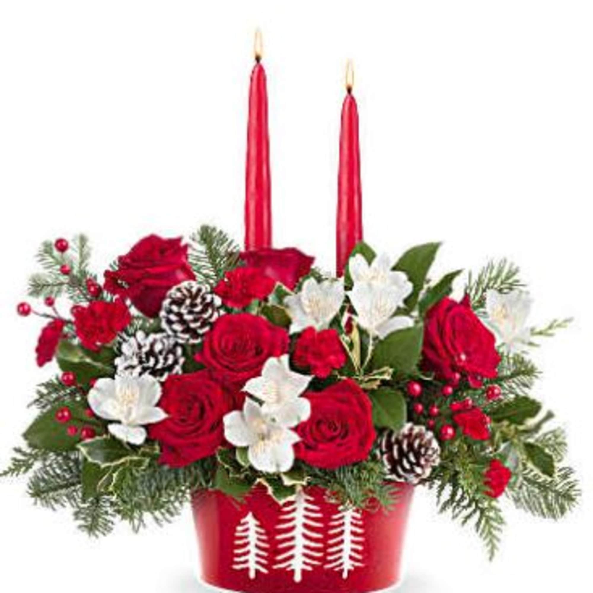 Glow up your holiday table with Teleflora's Evergreen Charm Centerpiece. Red roses