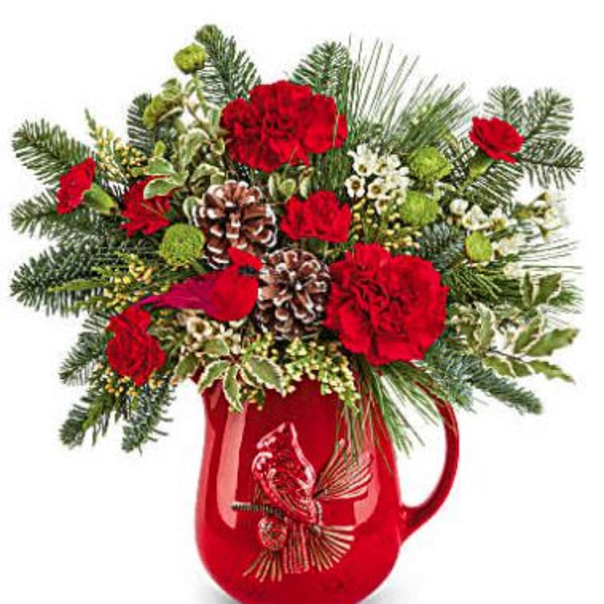 Teleflora's Festive Flight Bouquet spreads holiday cheer with red blooms, winter greens