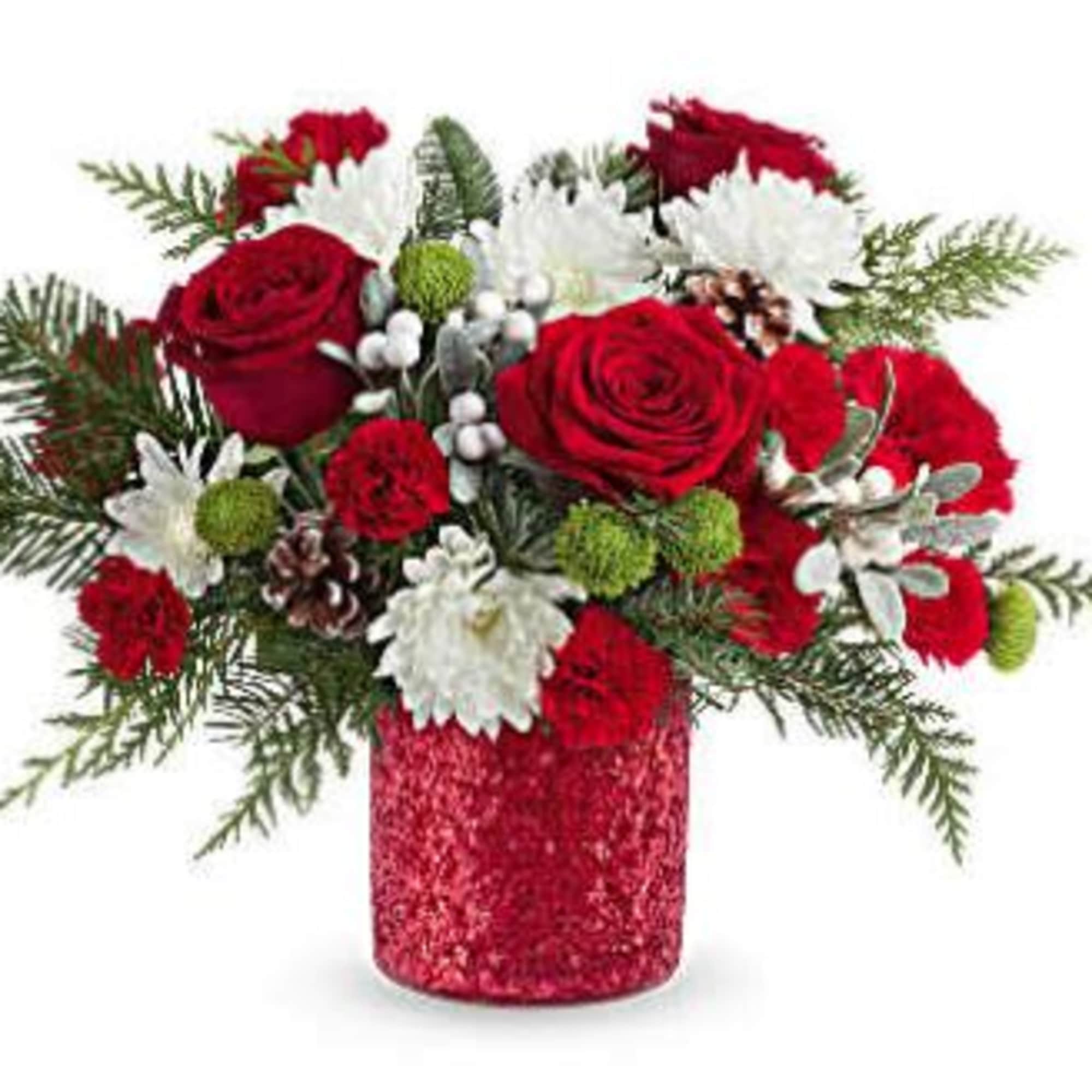 Teleflora's Christmas Magic Bouquet sparkles with red and green blooms, festive evergreens