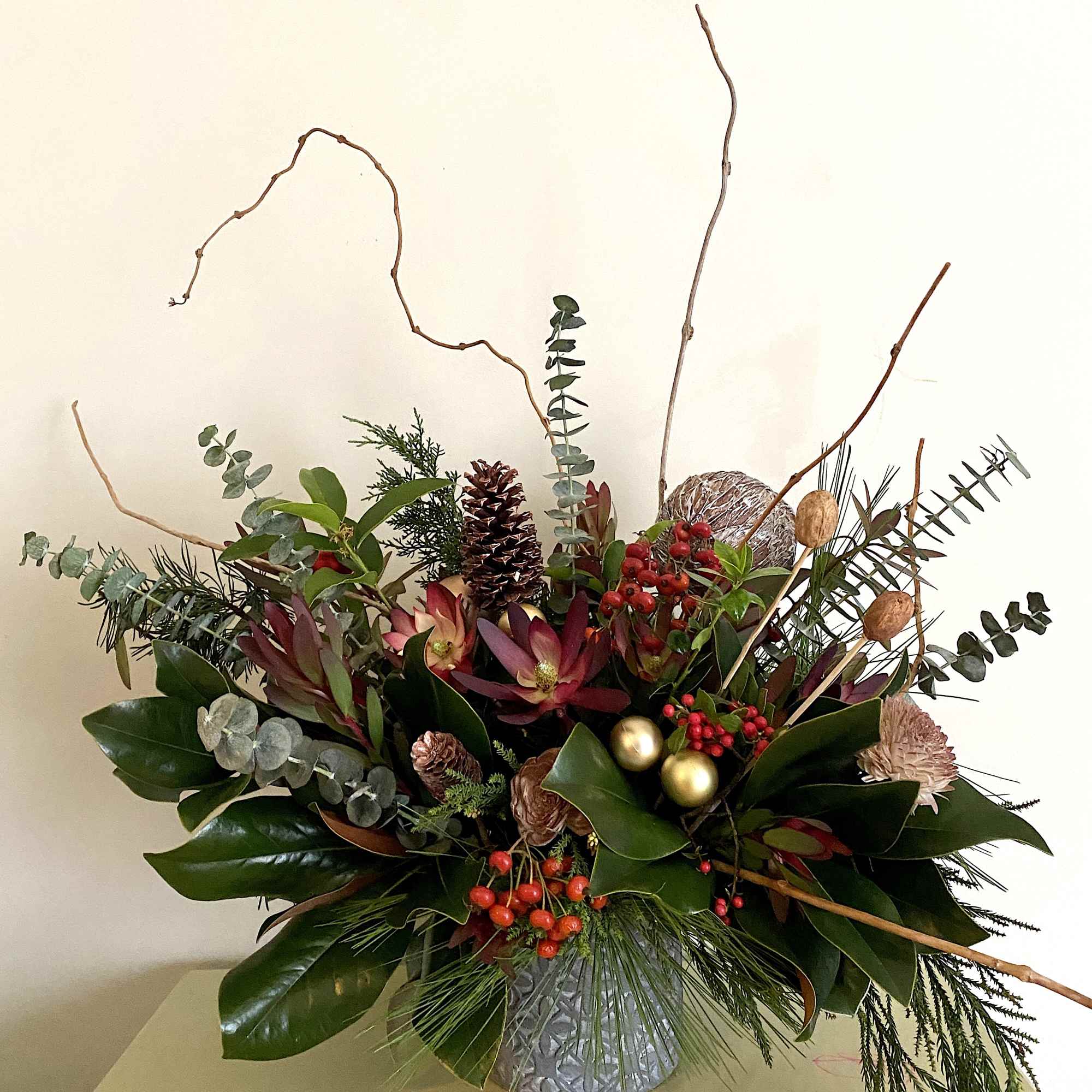Large christmas greens and decorations in a high quality grey textured ceramic