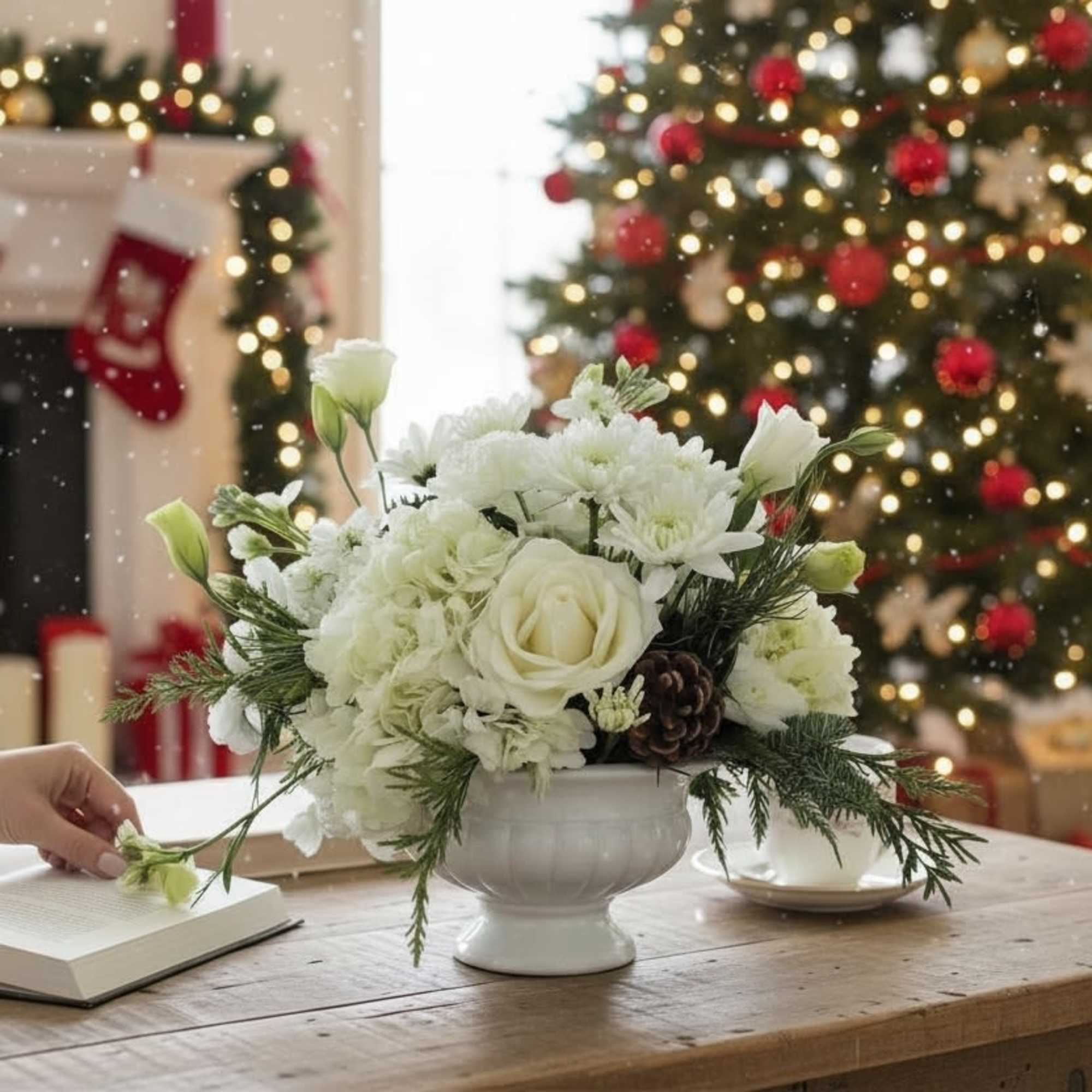 A beautiful compote filled with assorted white flowers, pine cones and evergreens.