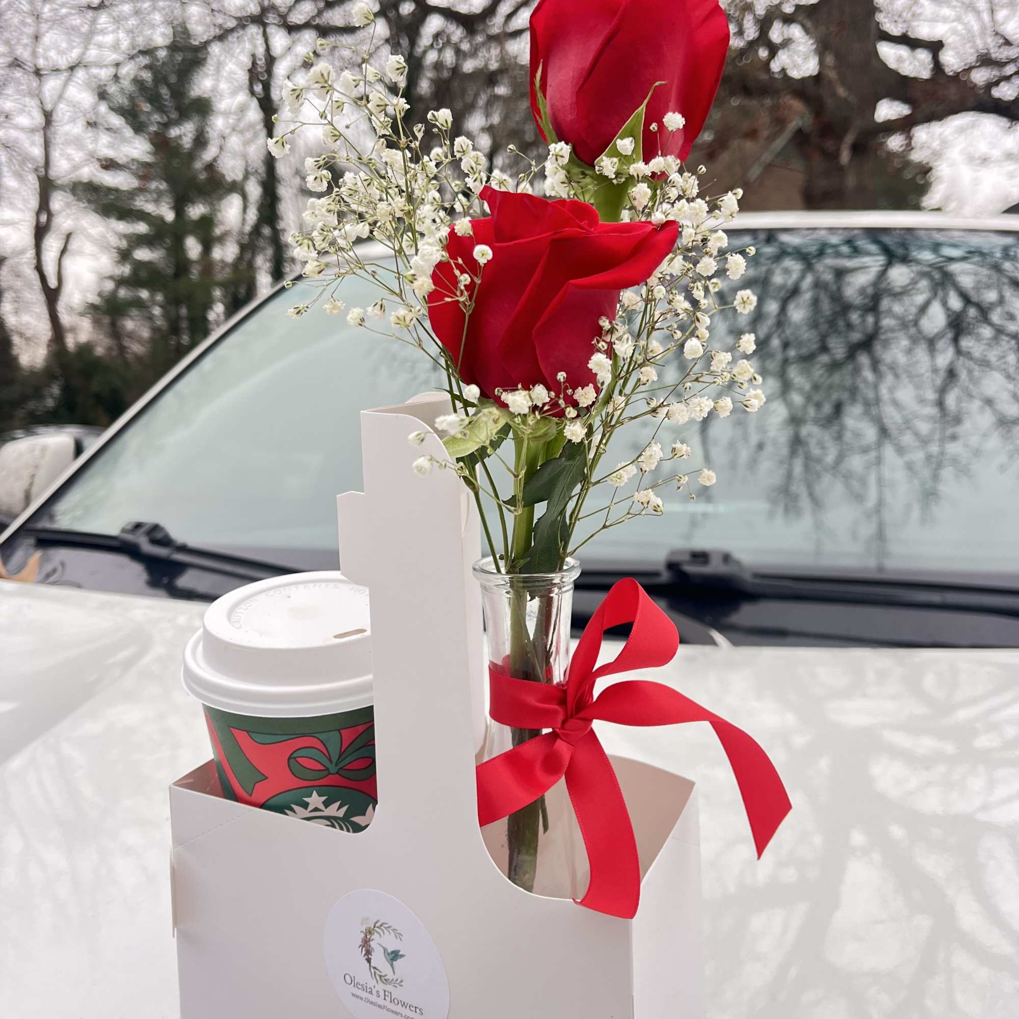 hot or cold coffee of your choice and flowers