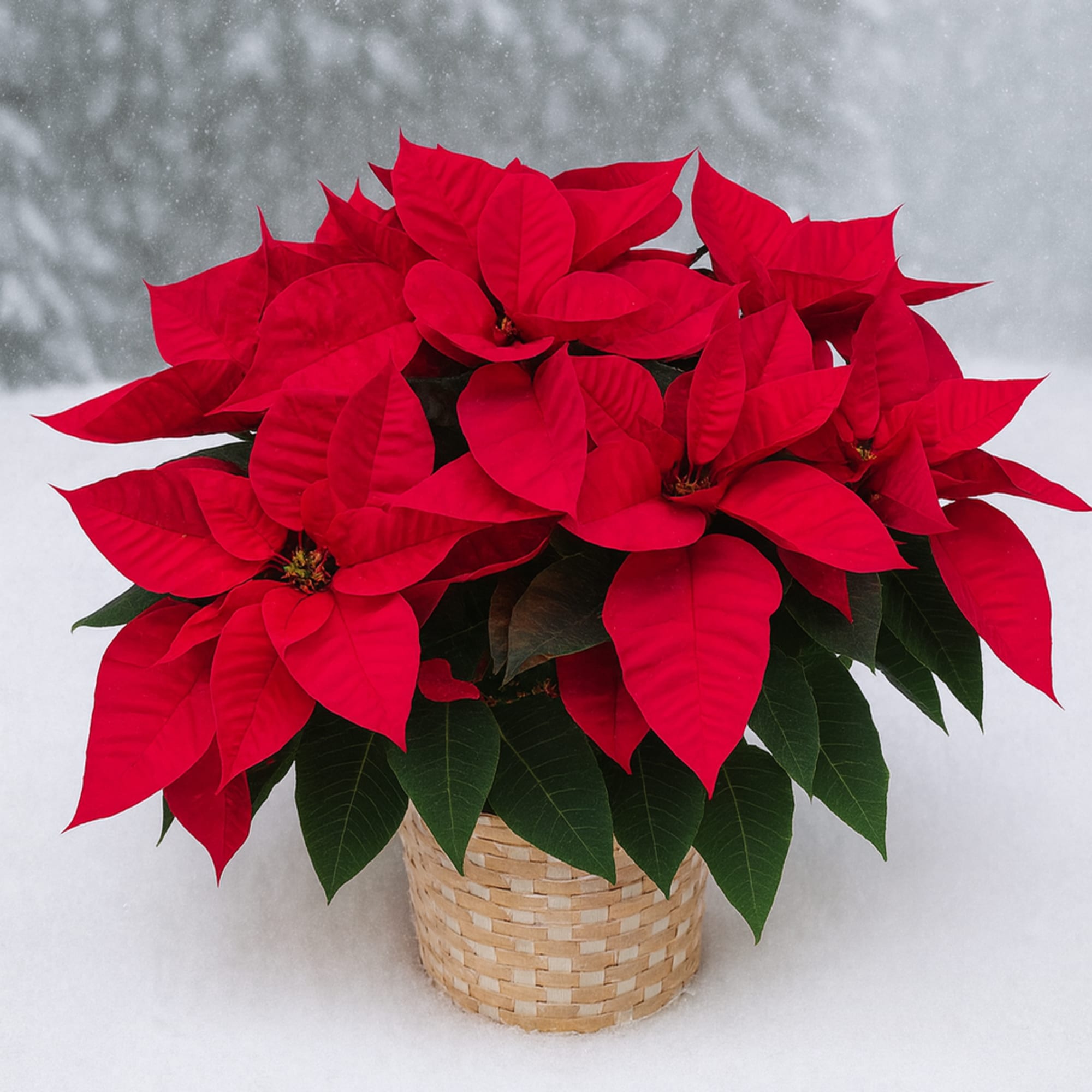 Poinsettia in a white basket with a festive bow.

Give It Plenty of