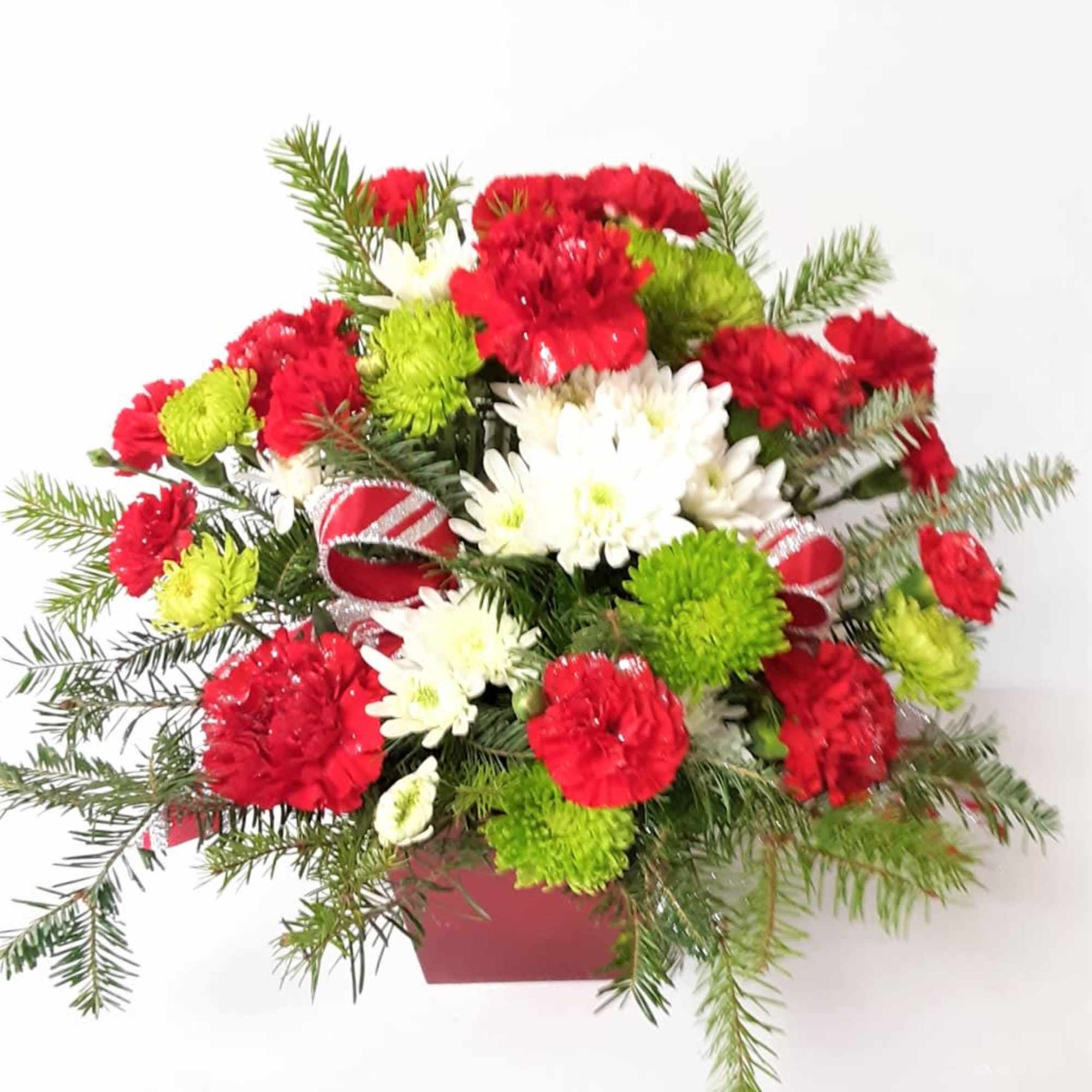 Just the right gift for a happy Christmas wish with carnations,mums,ribbon and
