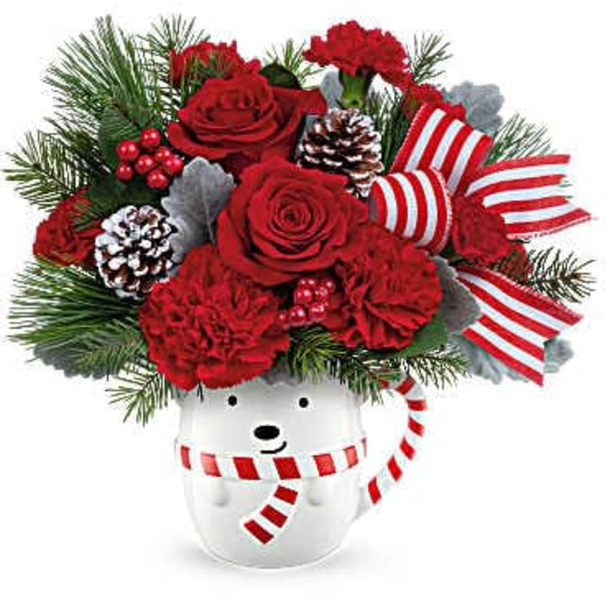 Send cozy Christmas cheer with the Beary Wish Bouquet! Festive red blooms