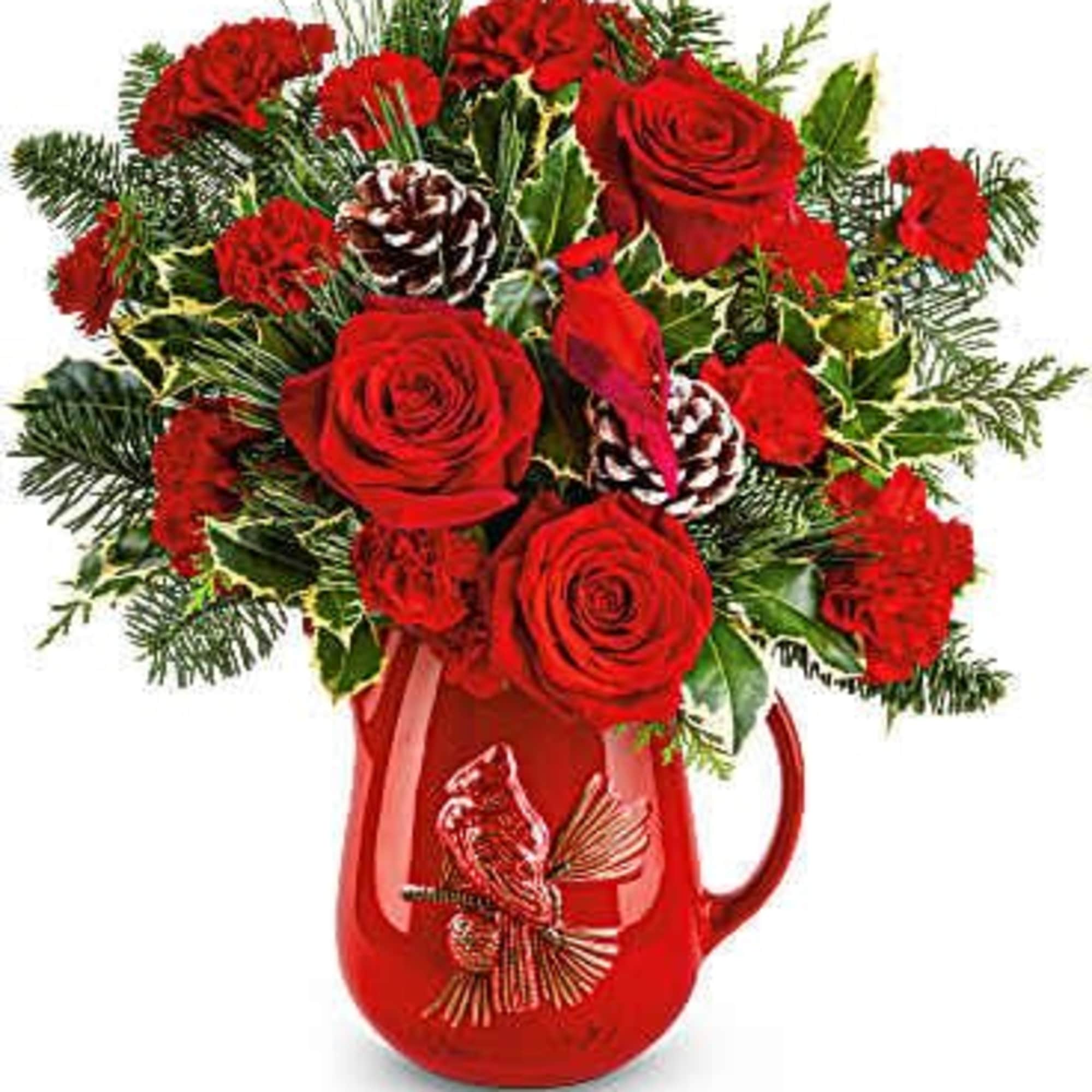 Scarlet Melody Bouquet is a festive blend of red blooms and holiday