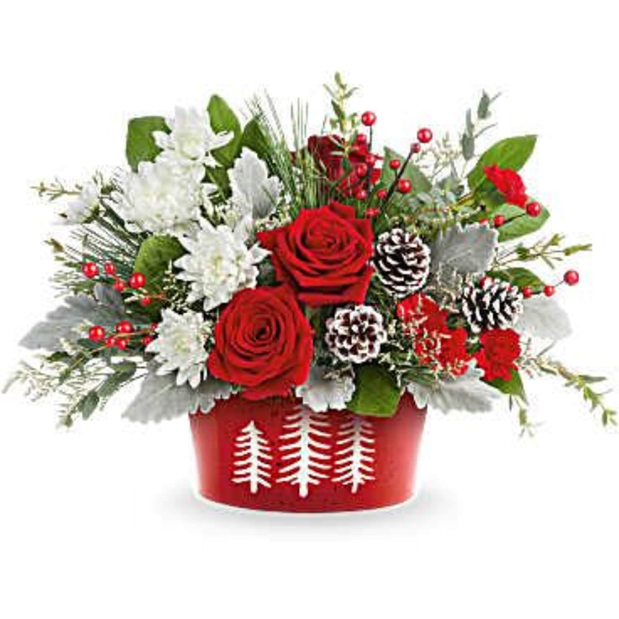 Christmas greens, red roses, white mums with pinecones in a red ceramic