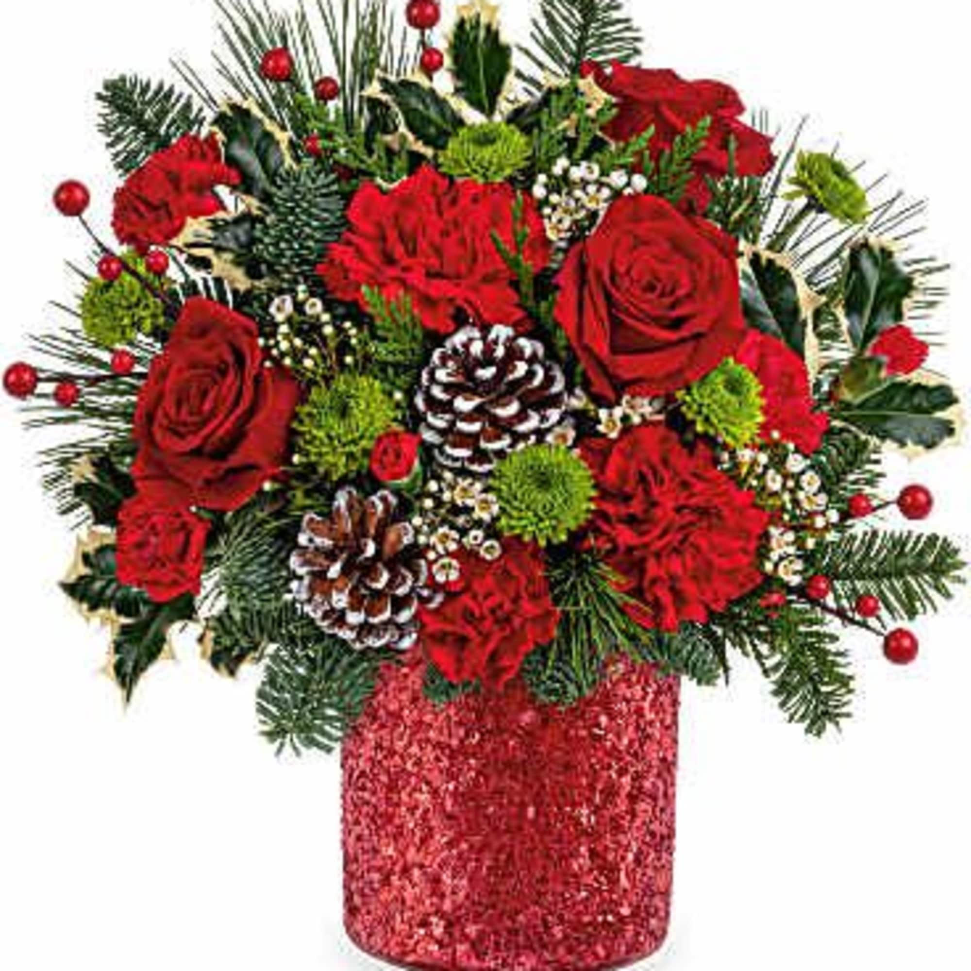 Christmas greens, red carnations and or red roses, green mums, red berries