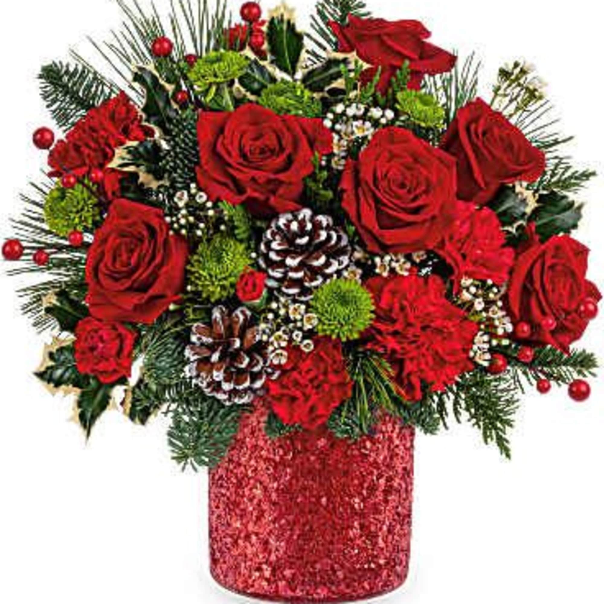 Christmas greens, red carnations and or red roses, green mums, red berries