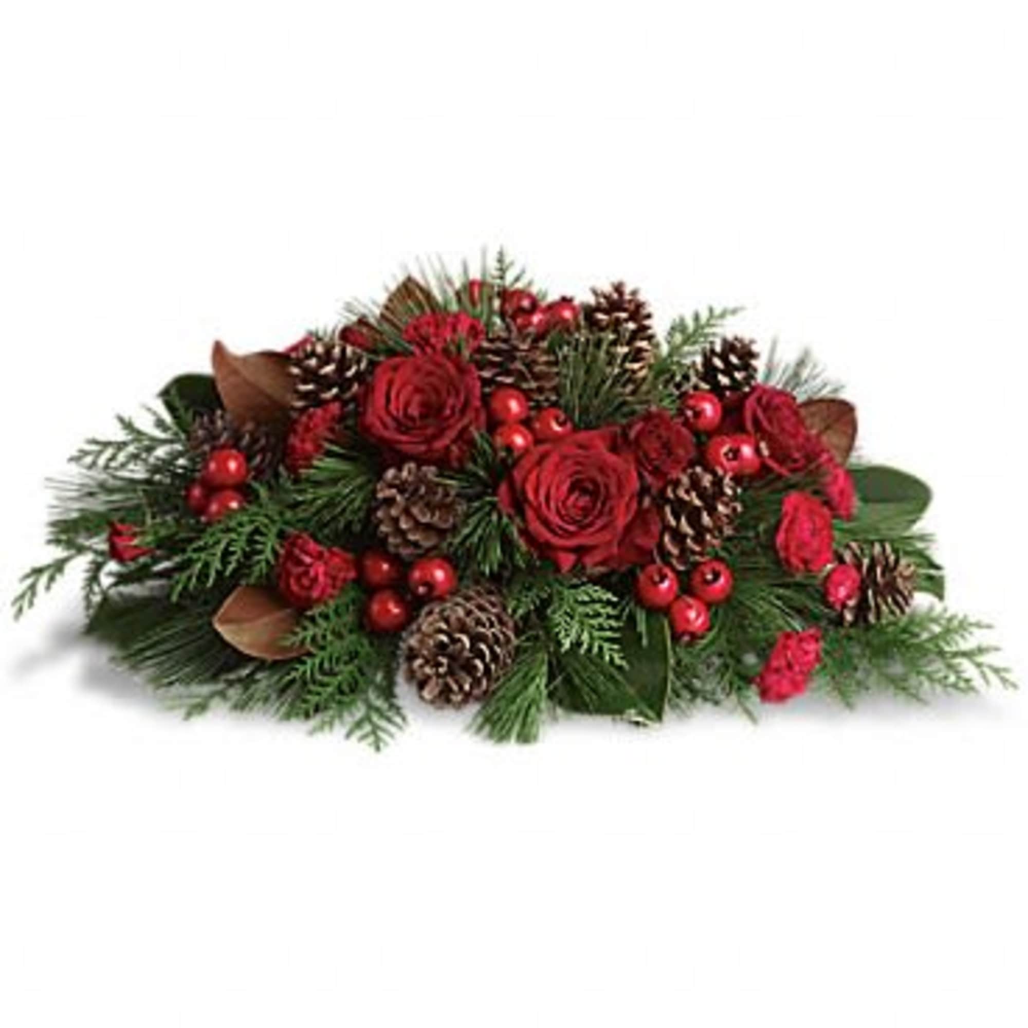 Round centerpiece which include Christmas greens, red roses, berries and pinecones. Deluxe