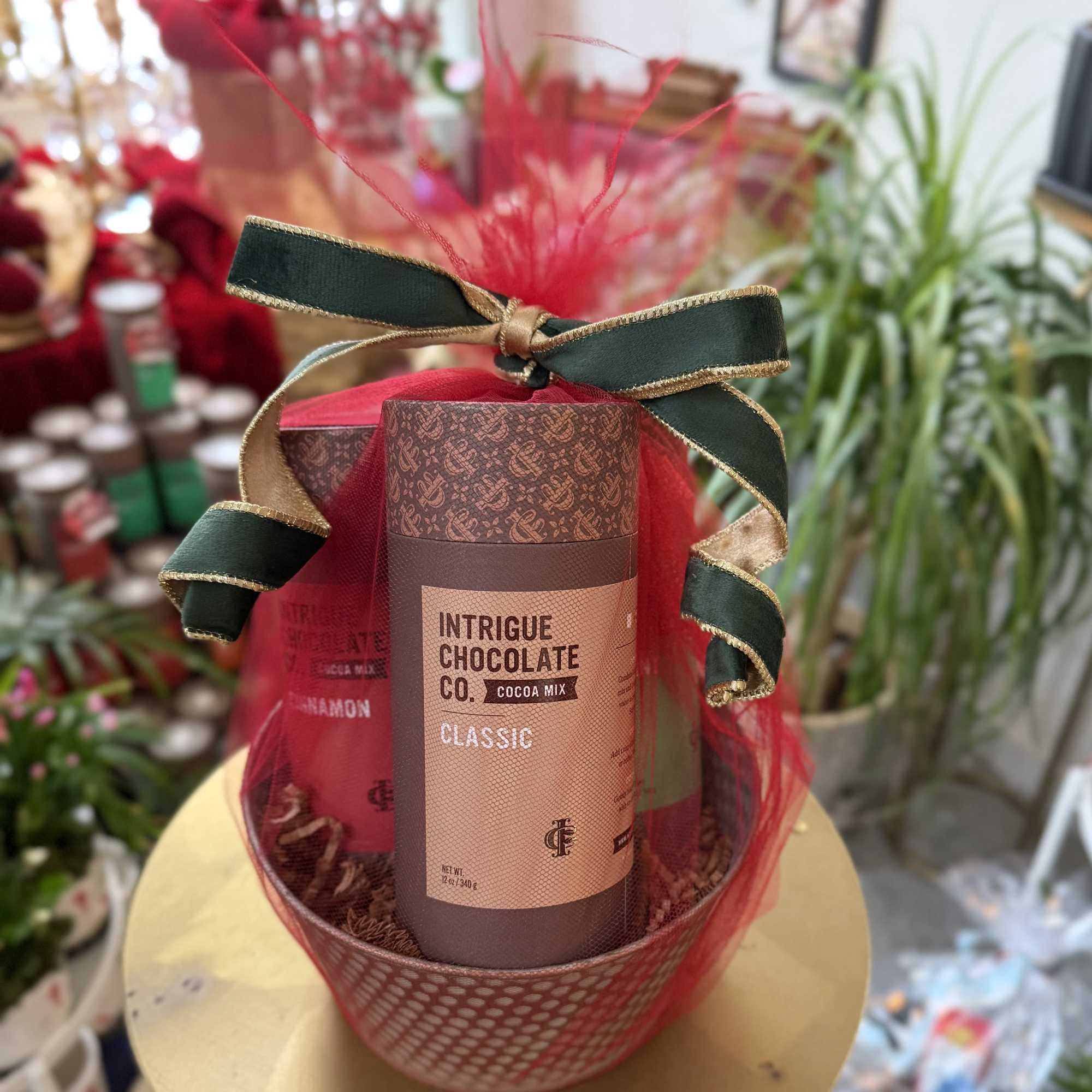 A delightful gift basket of Intrigue Chocolate Co Cocoa Mixes in Classic