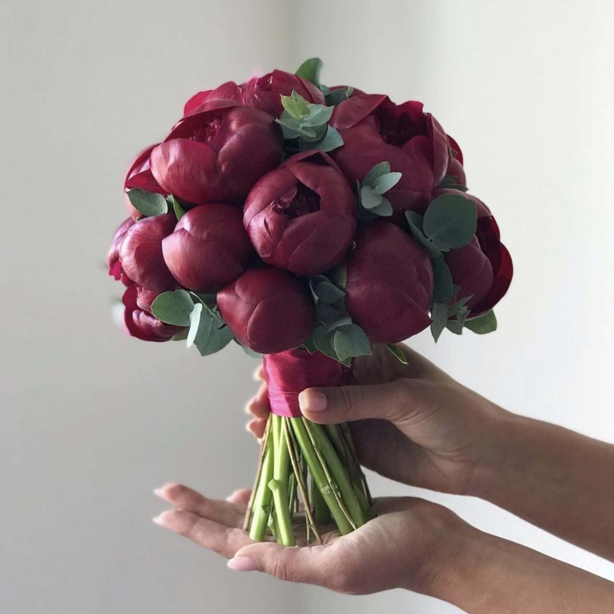 Classic round bridal bouquet of burgundy peonies.

The color scheme of the bouquet