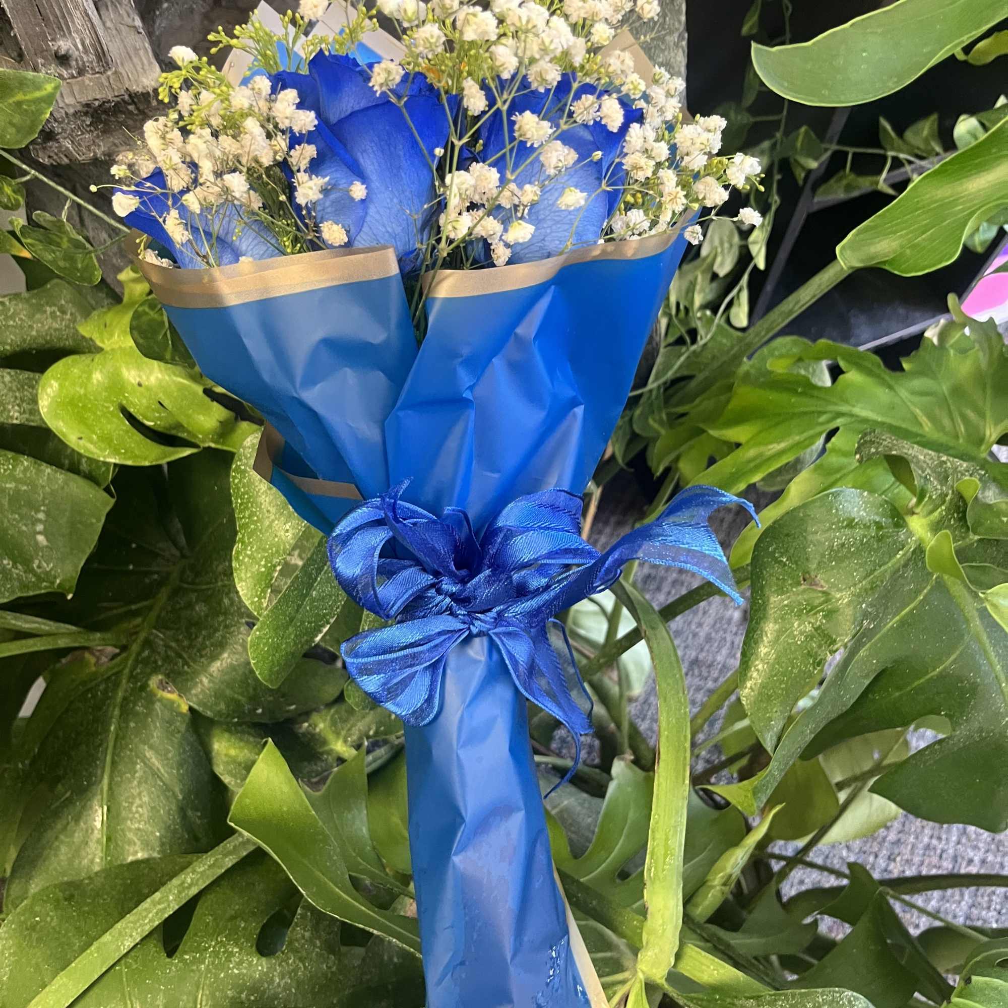 fresh blue roses with sun flower and baby breath 