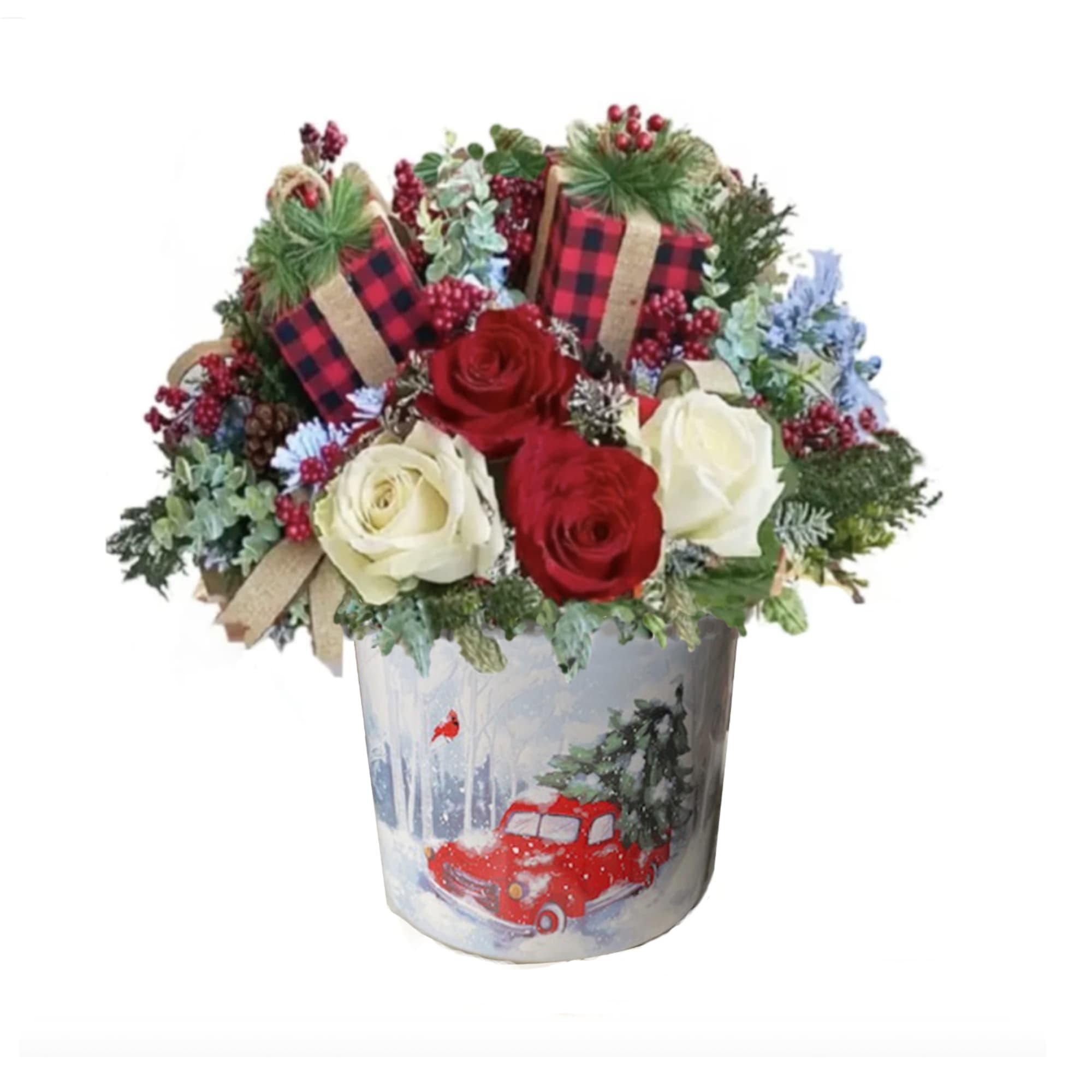 Gorgeous Rustic design with roses, pine, package pics and more. Christmas scene