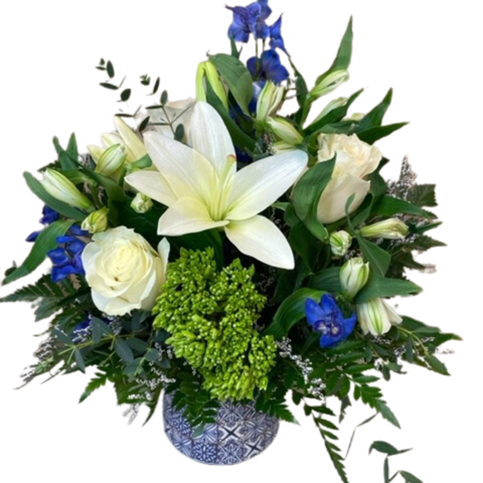 White, blue, and green flowers in a beautiful mosiac dish. 

Approximate measurements