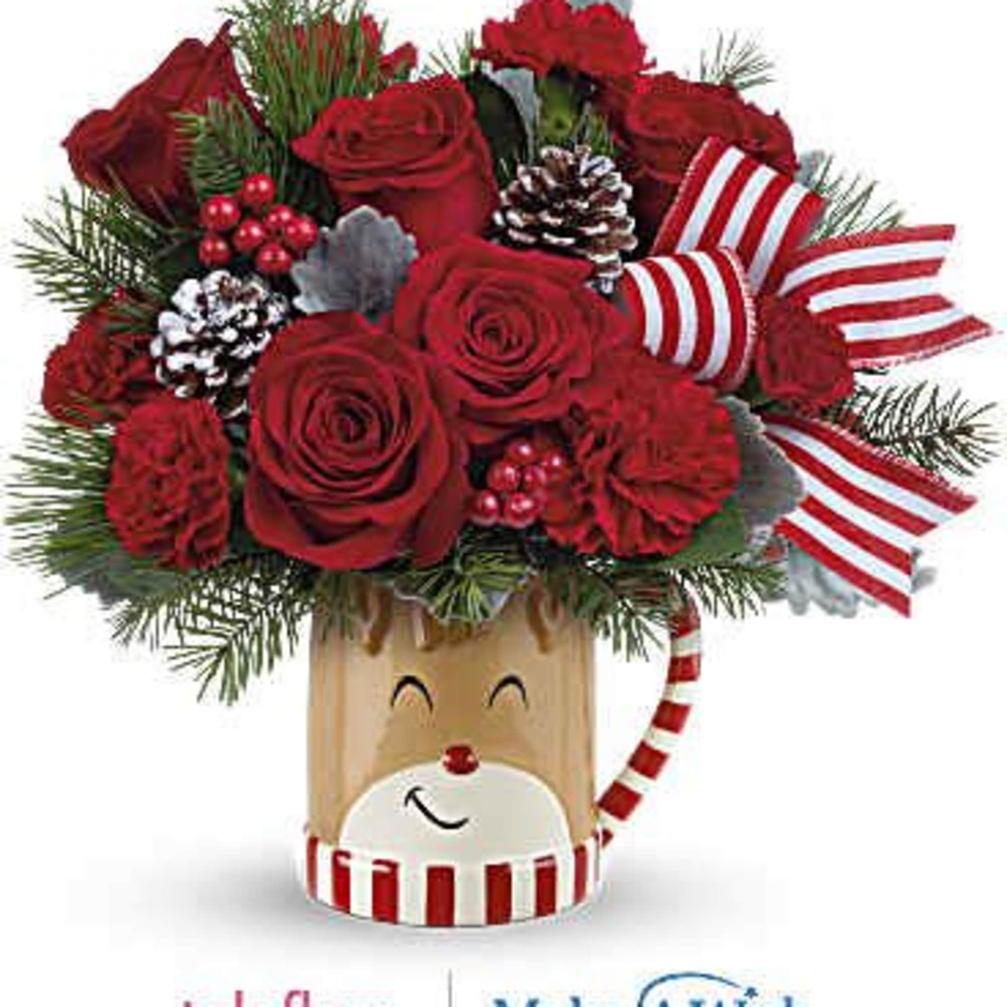 Overflowing with festive blooms, this adorable reindeer delivers your holiday wishes! The