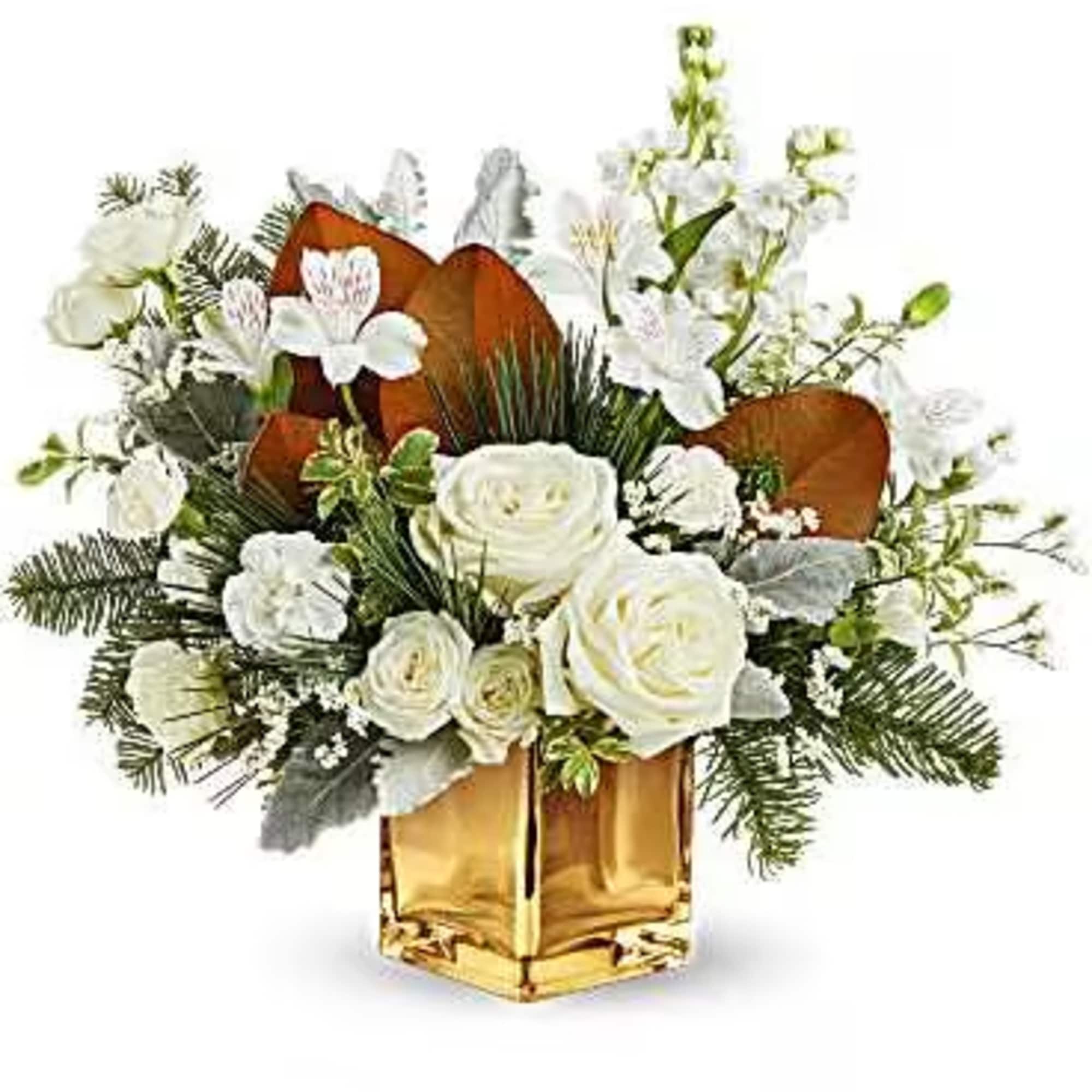 Golden Glitz Bouquet dazzles with white blooms, winter greens, and shimmering accents