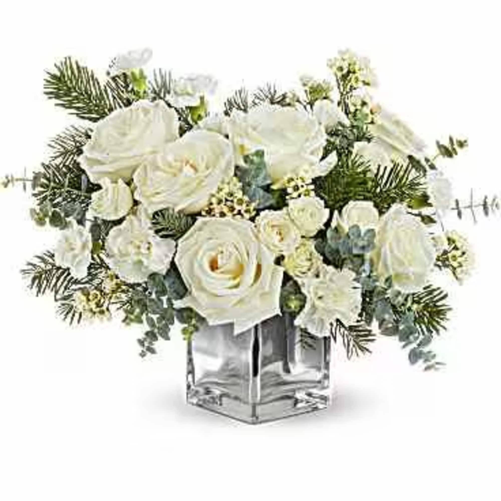 Arctic Blooms Bouquet glows with white roses, winter greens, and frosty details
