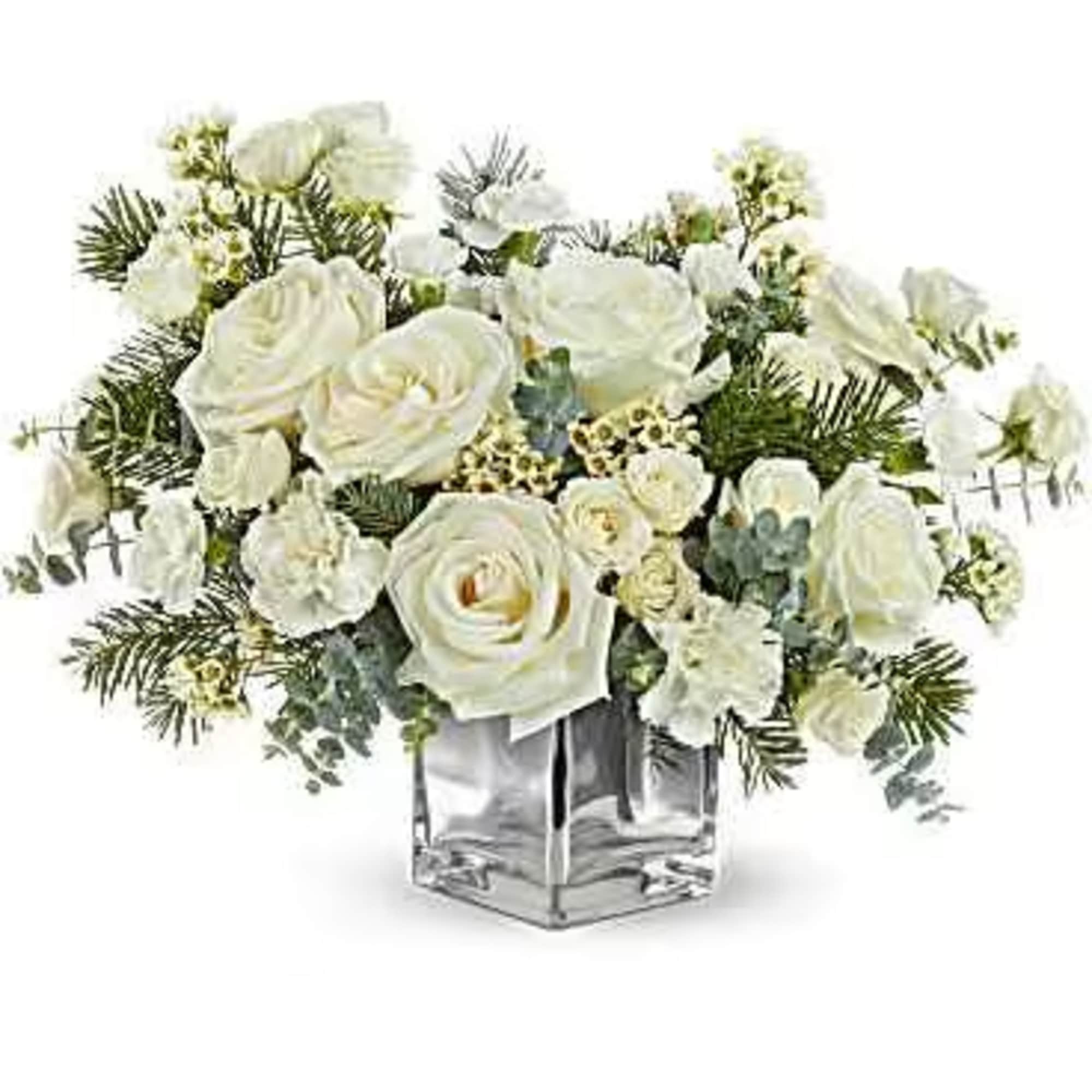 Arctic Blooms Bouquet glows with white roses, winter greens, and frosty details