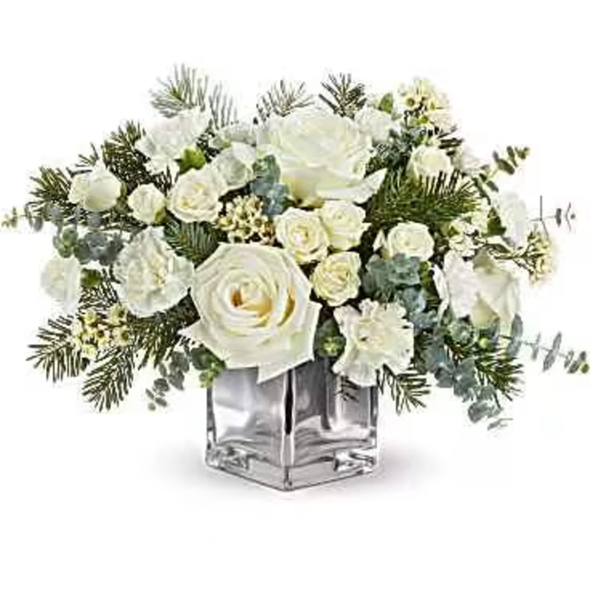 Arctic Blooms Bouquet glows with white roses, winter greens, and frosty details