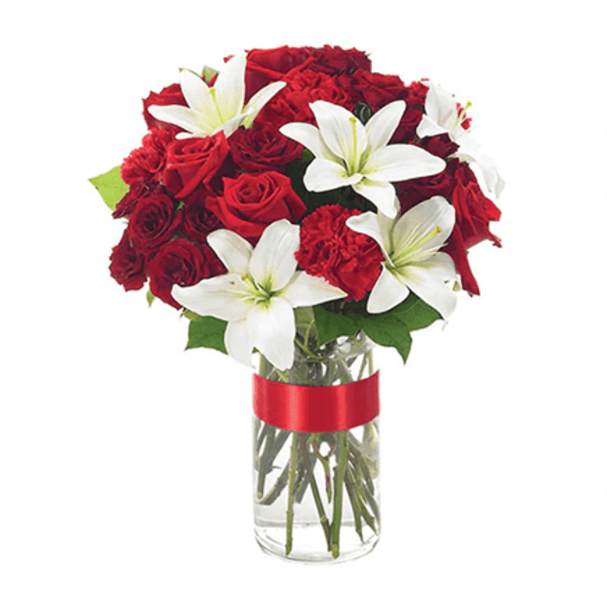 This striking bouquet pairs classic romance with modern elegance. Vibrant red roses