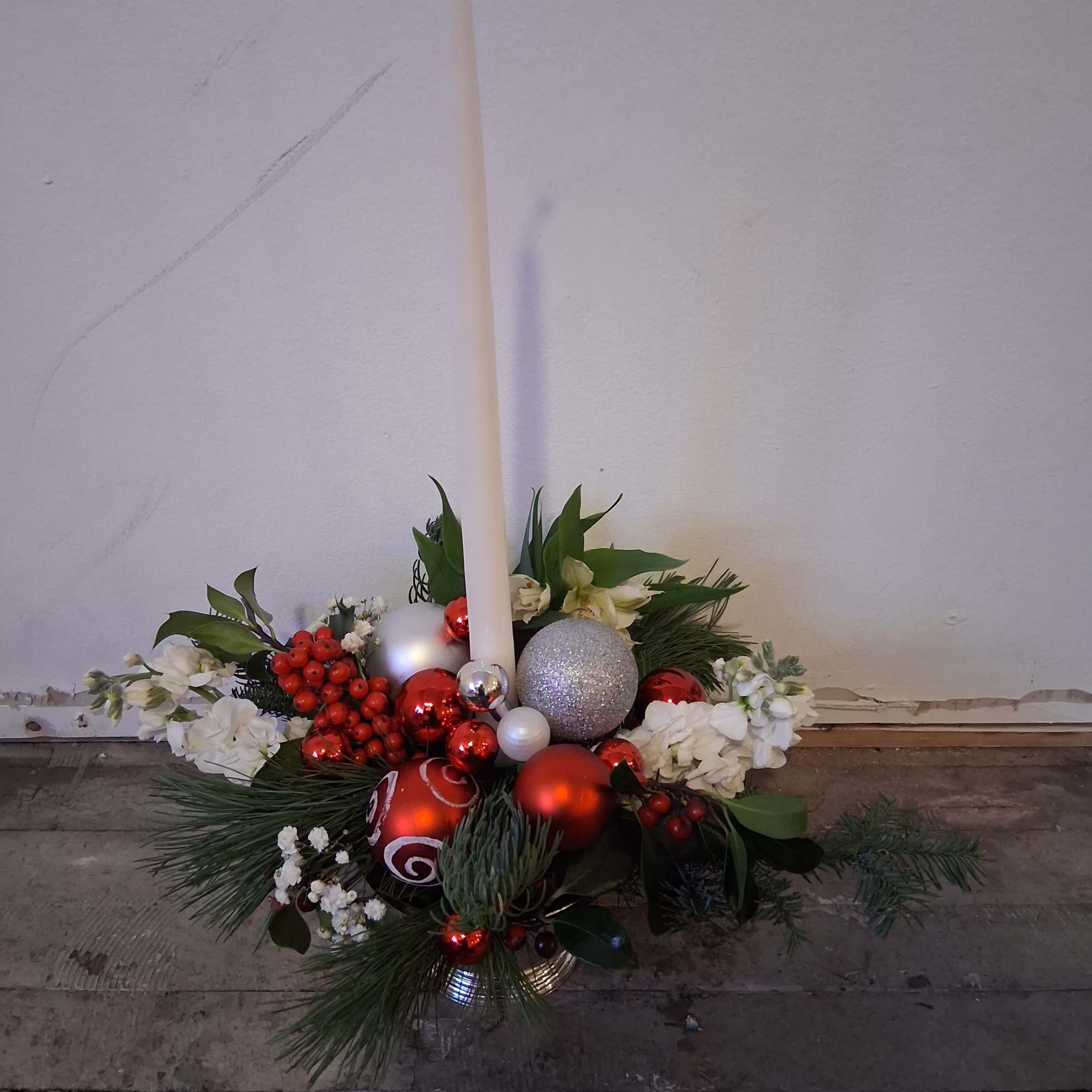 Charming &amp; cheerful "Christmas romance centerpiece of assorted Christmas greens, ornaments and