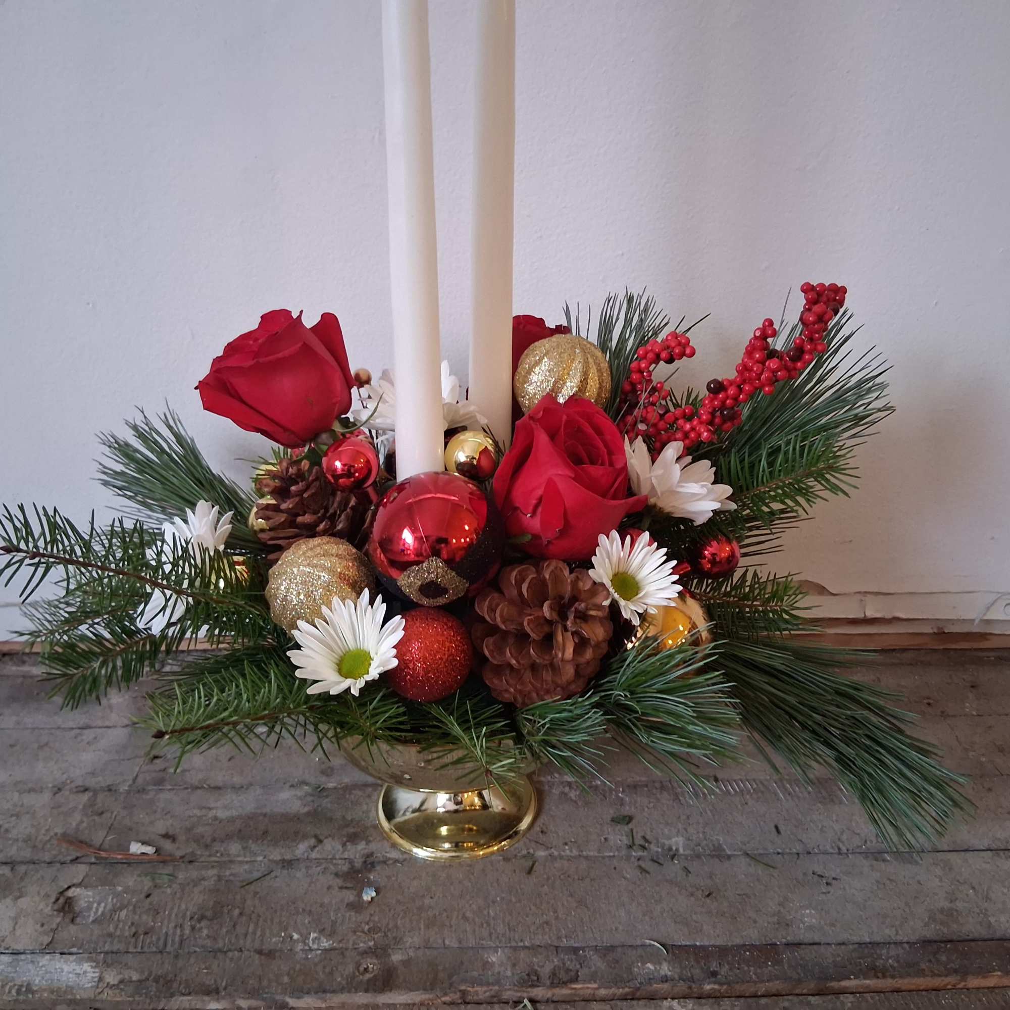 Charming &amp; cheerful "Christmas romance centerpiece of assorted Christmas greens, ornaments and