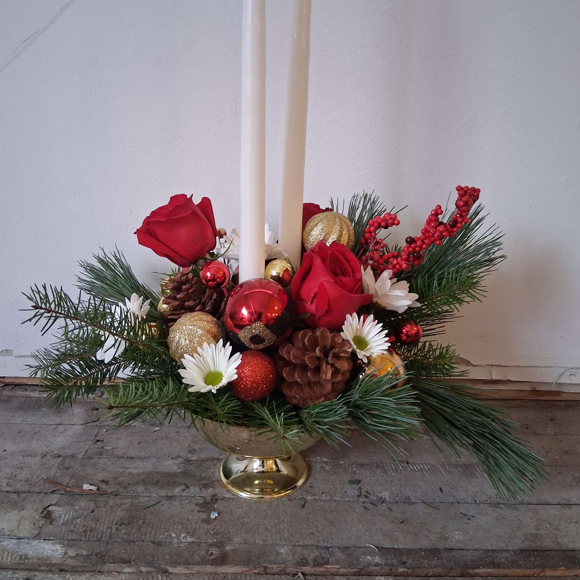 Charming &amp; cheerful "Christmas romance centerpiece of assorted Christmas greens, ornaments and