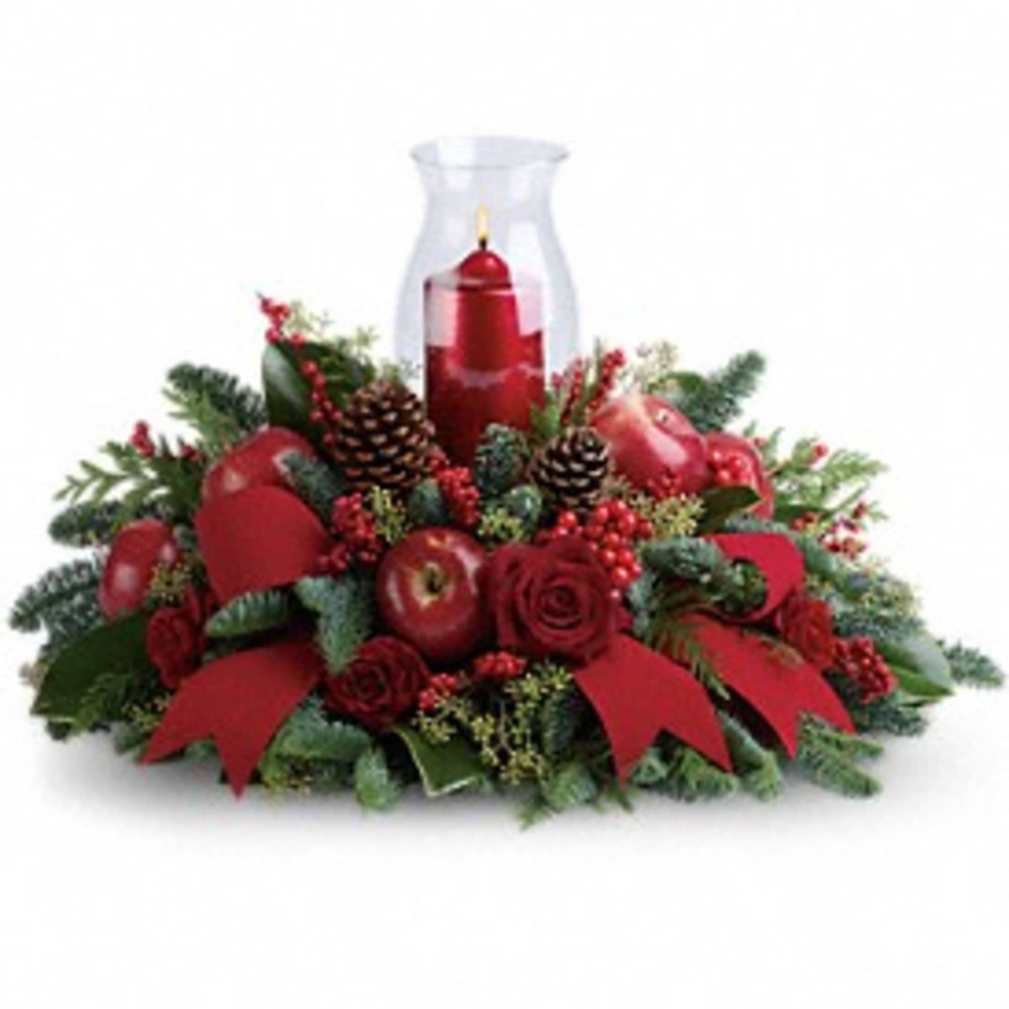 Shiny red apples make this centerpiece a very tasteful gift. The beautiful