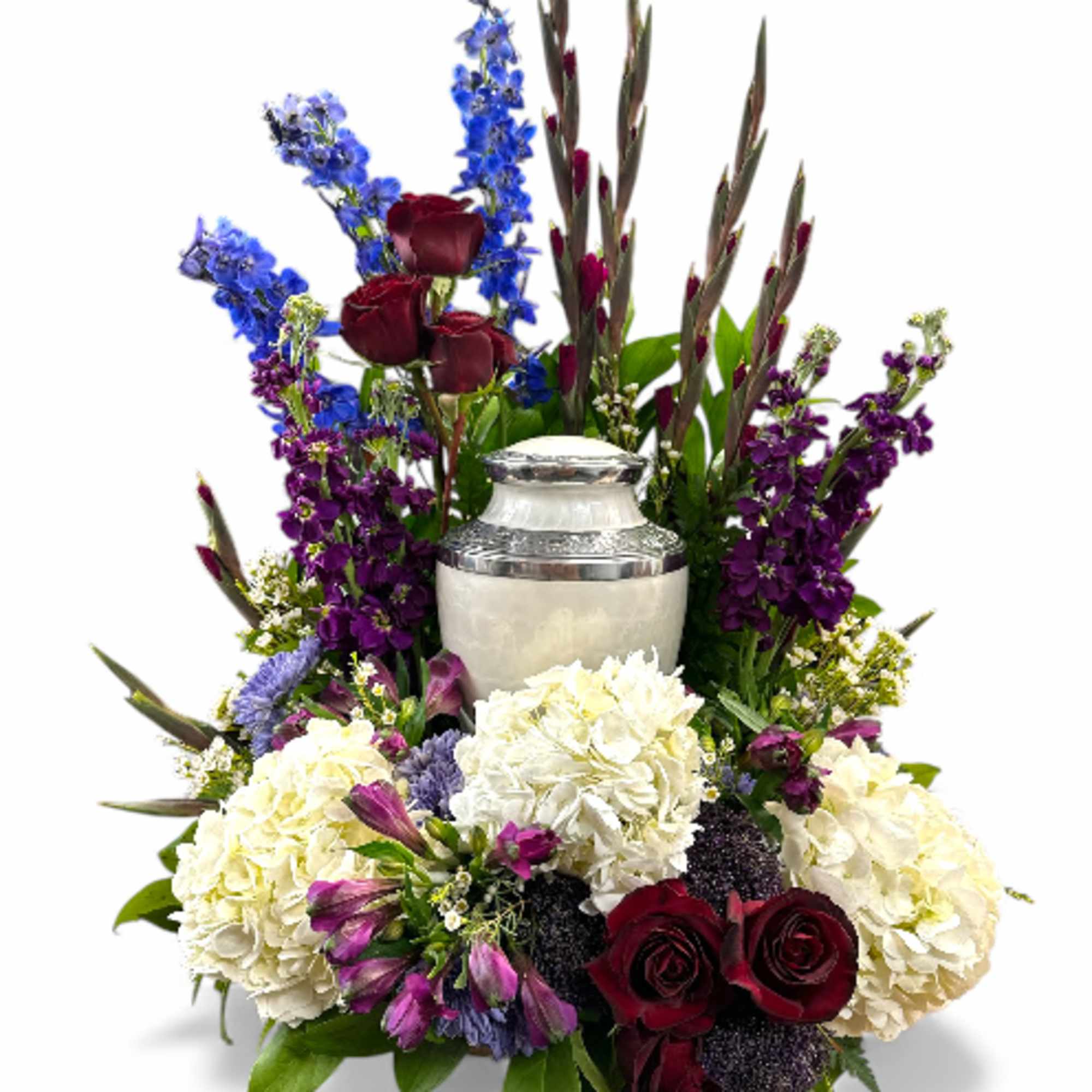 The Violet and Crimson urn arrangement is a striking display of vivid
