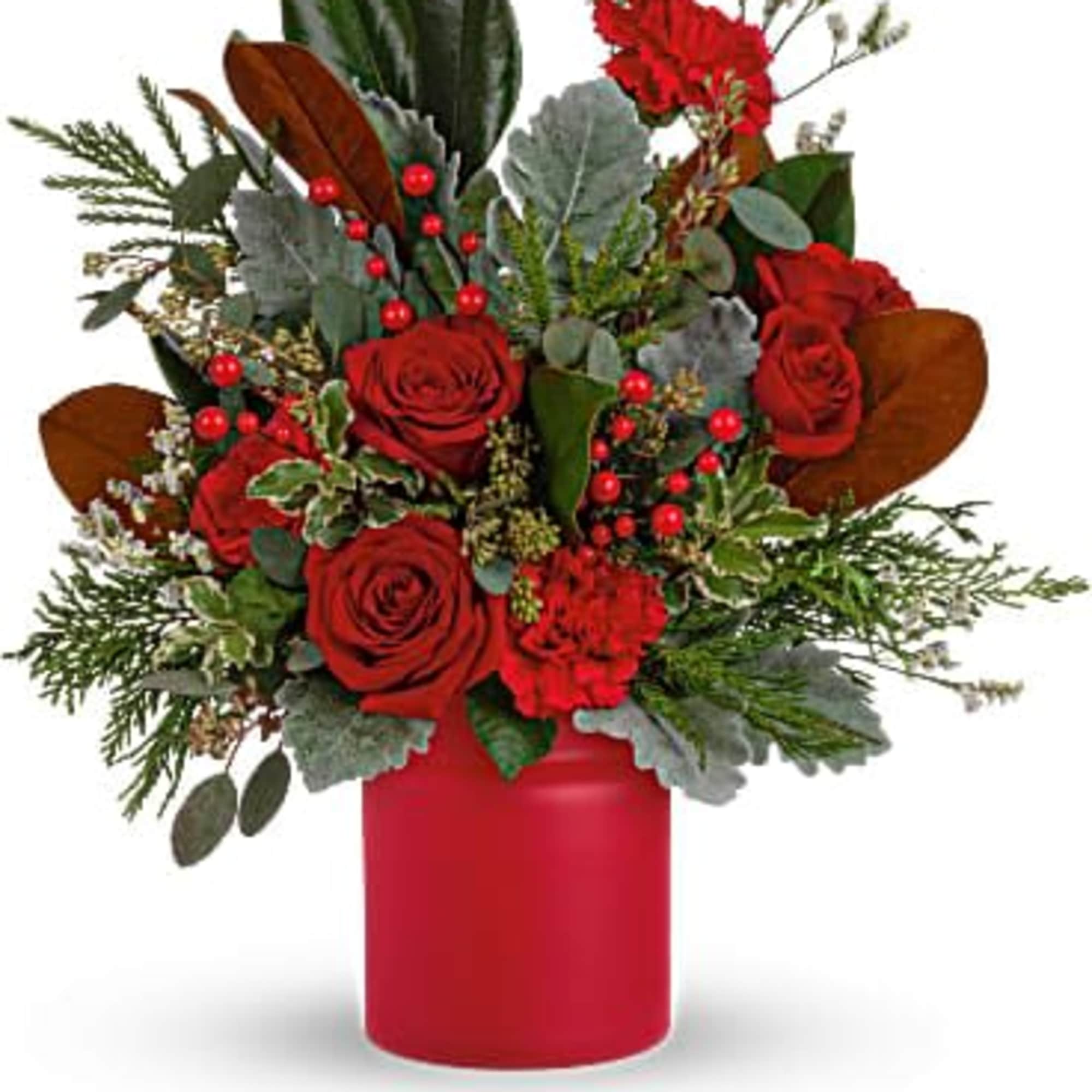 Simply unique, this gorgeous green and red design is artfully hand-arranged in