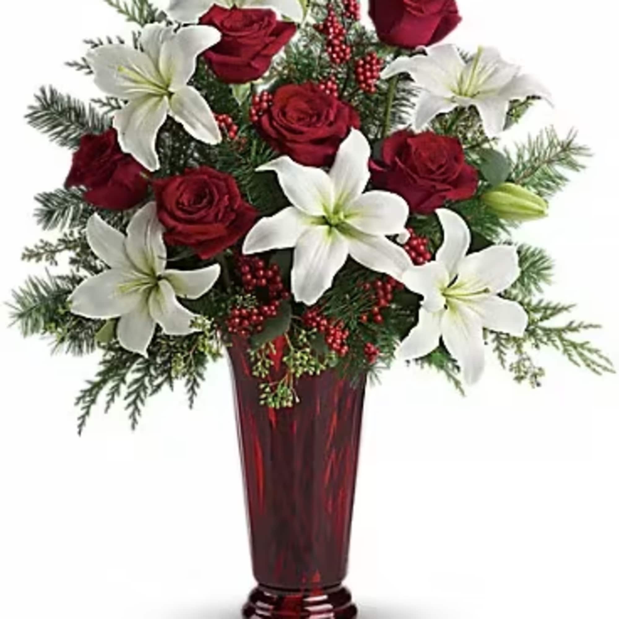 With beautiful red roses and brilliant white lilies delivered in a dramatic