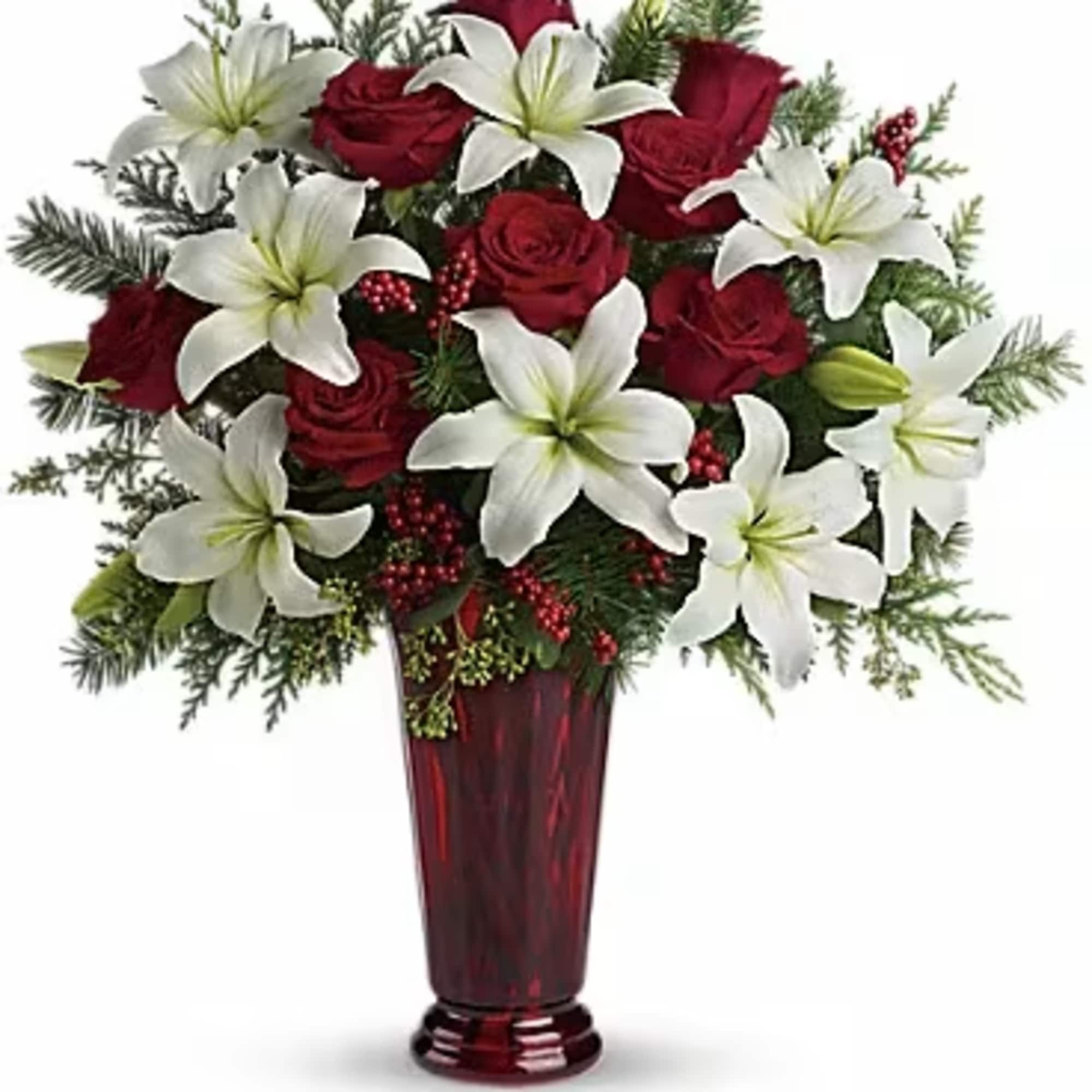 With beautiful red roses and brilliant white lilies delivered in a dramatic