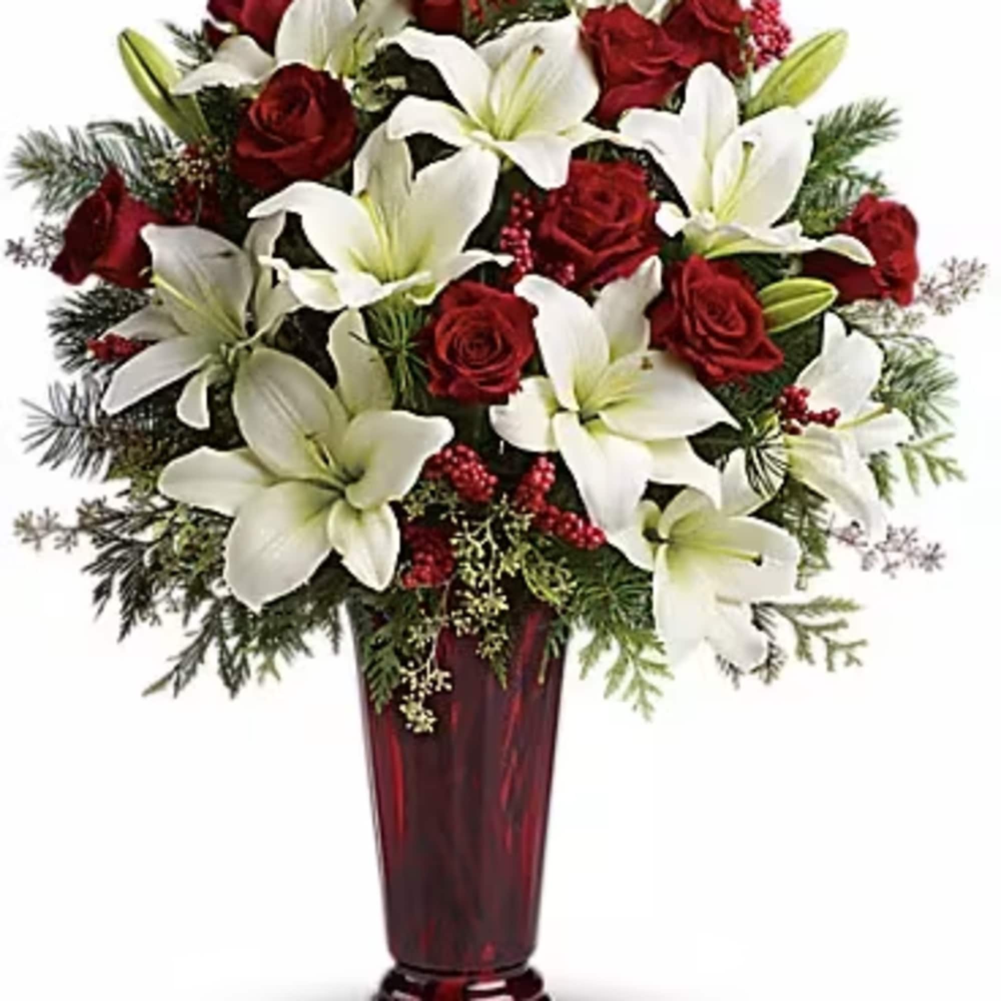 With beautiful red roses and brilliant white lilies delivered in a dramatic