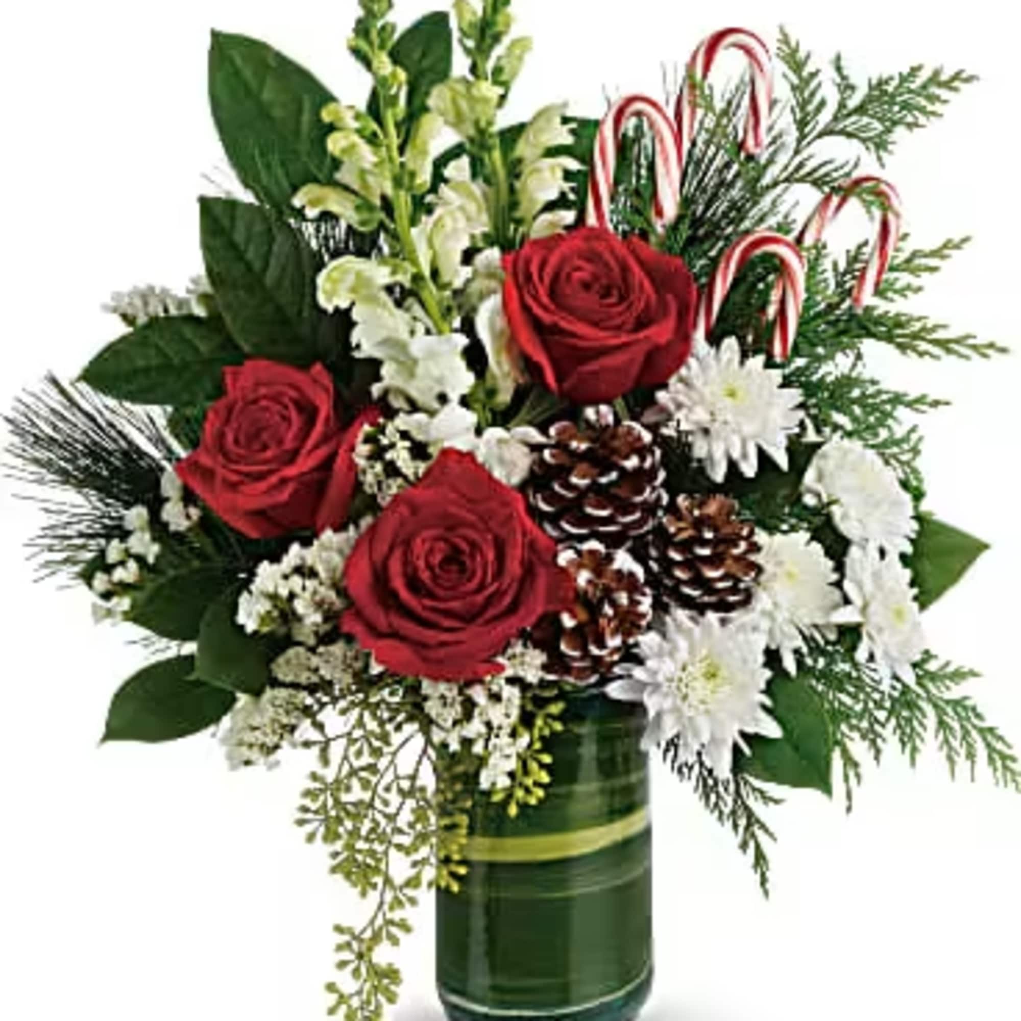 Bursting with Christmas spirit, this lush rose bouquet is accented with candy