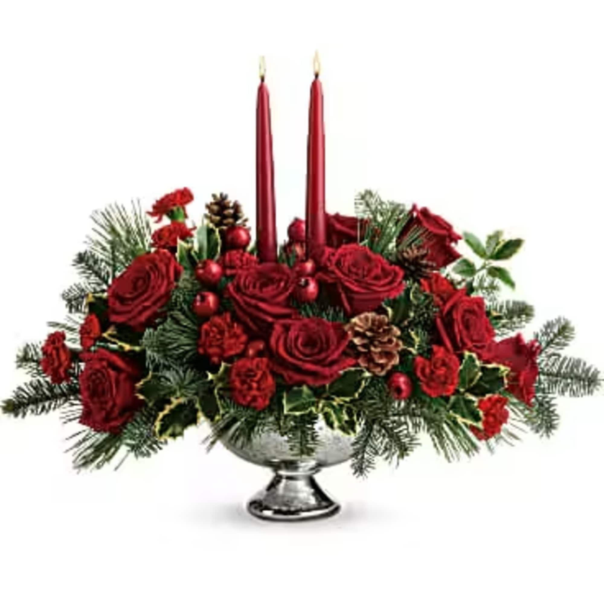 Deck the halls with this elegant centerpiece of rich red roses and