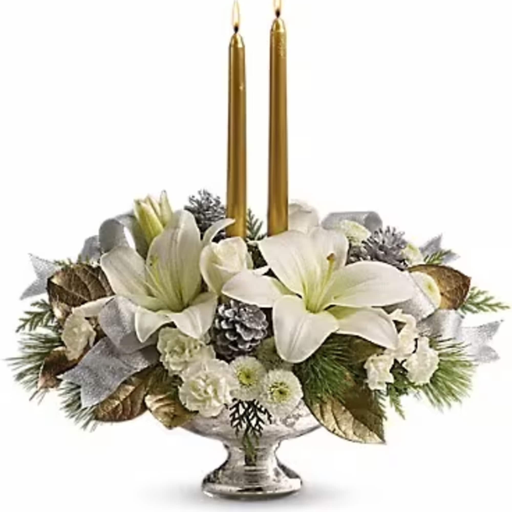 Inspired by the magic of the first snow, this elegant centerpiece of