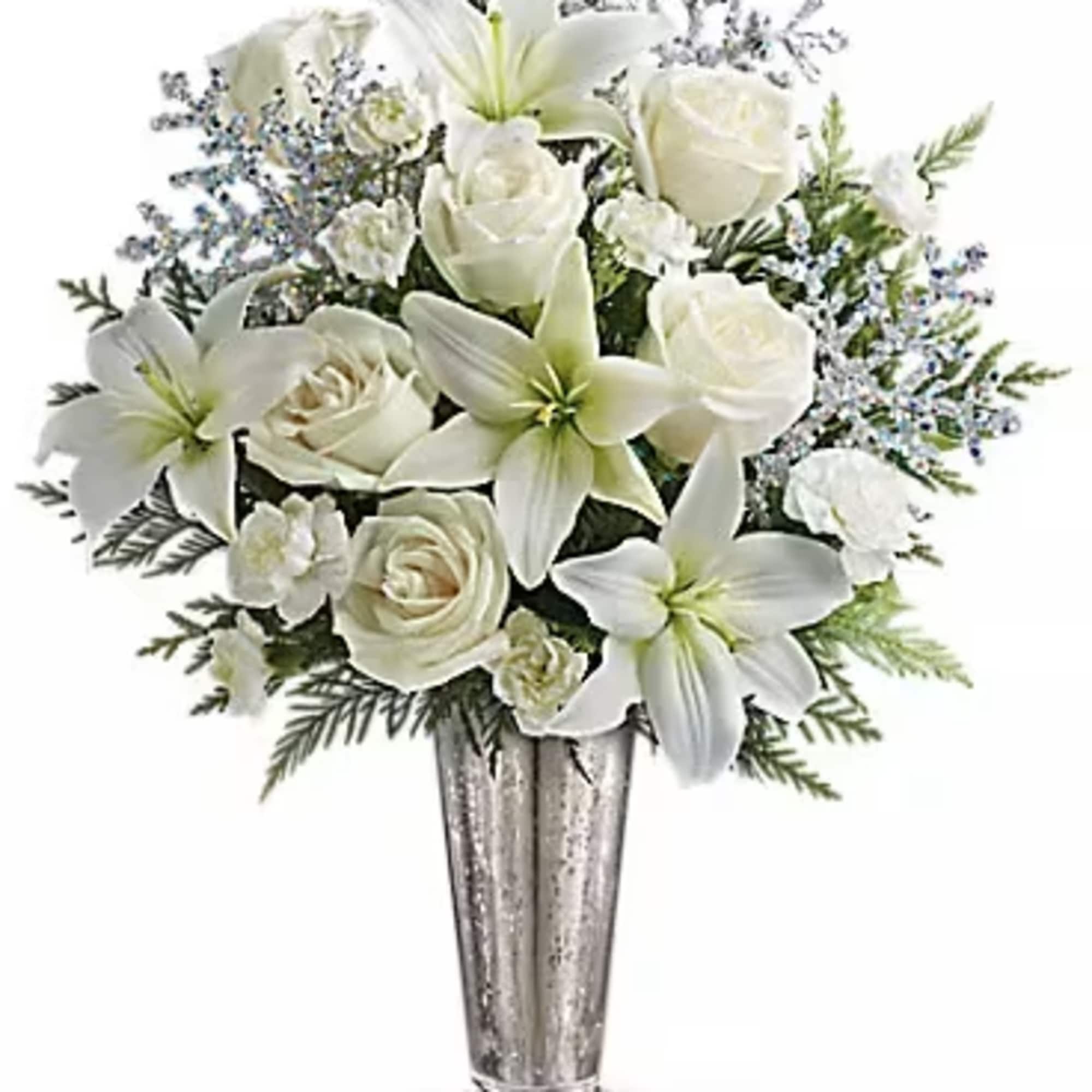 Sparkling and splendid, this elegant arrangement is perfect for any winter celebration.