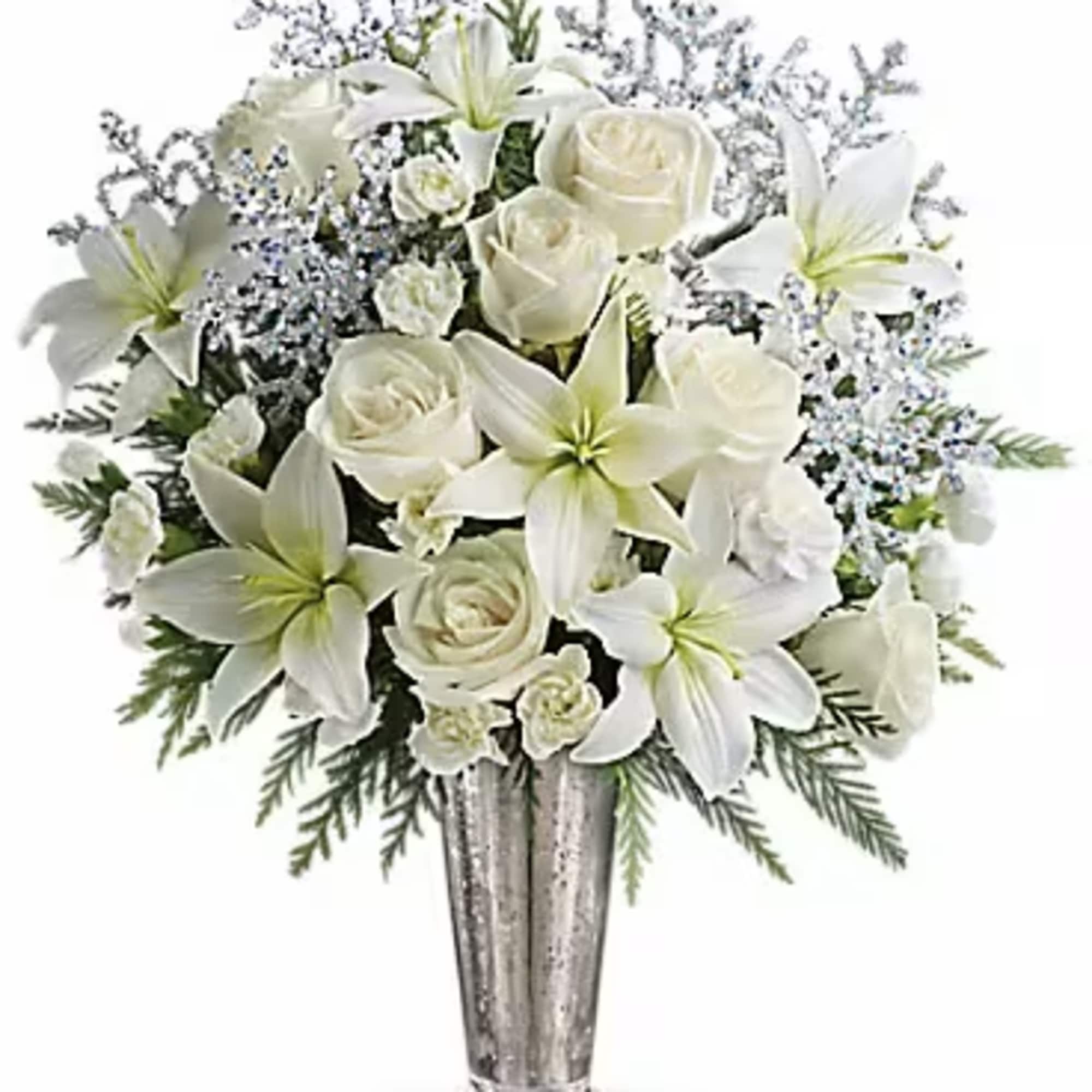 Sparkling and splendid, this elegant arrangement is perfect for any winter celebration.
