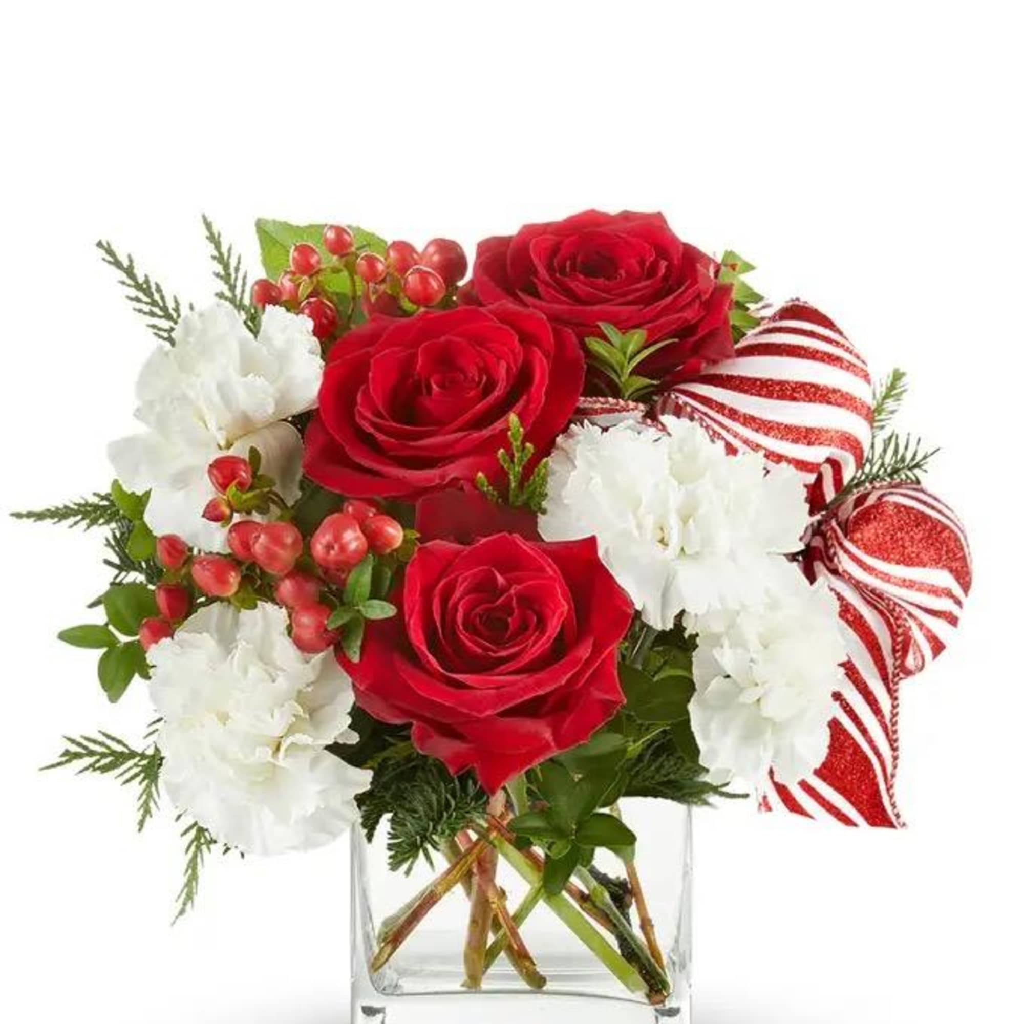 cube with red roses , white carnations  red  berries including