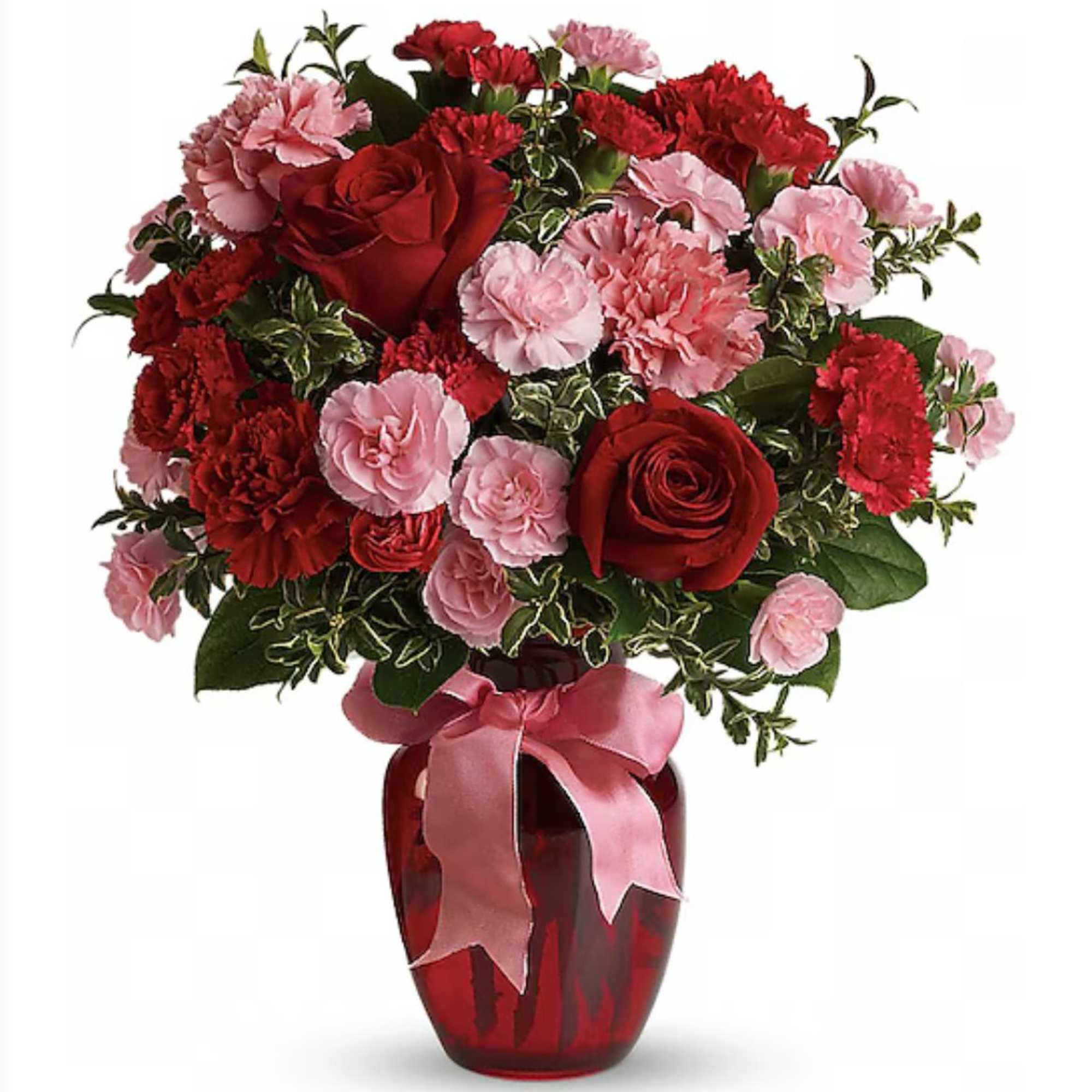 Ignite the passion with this fiery bouquet of carnations and roses in