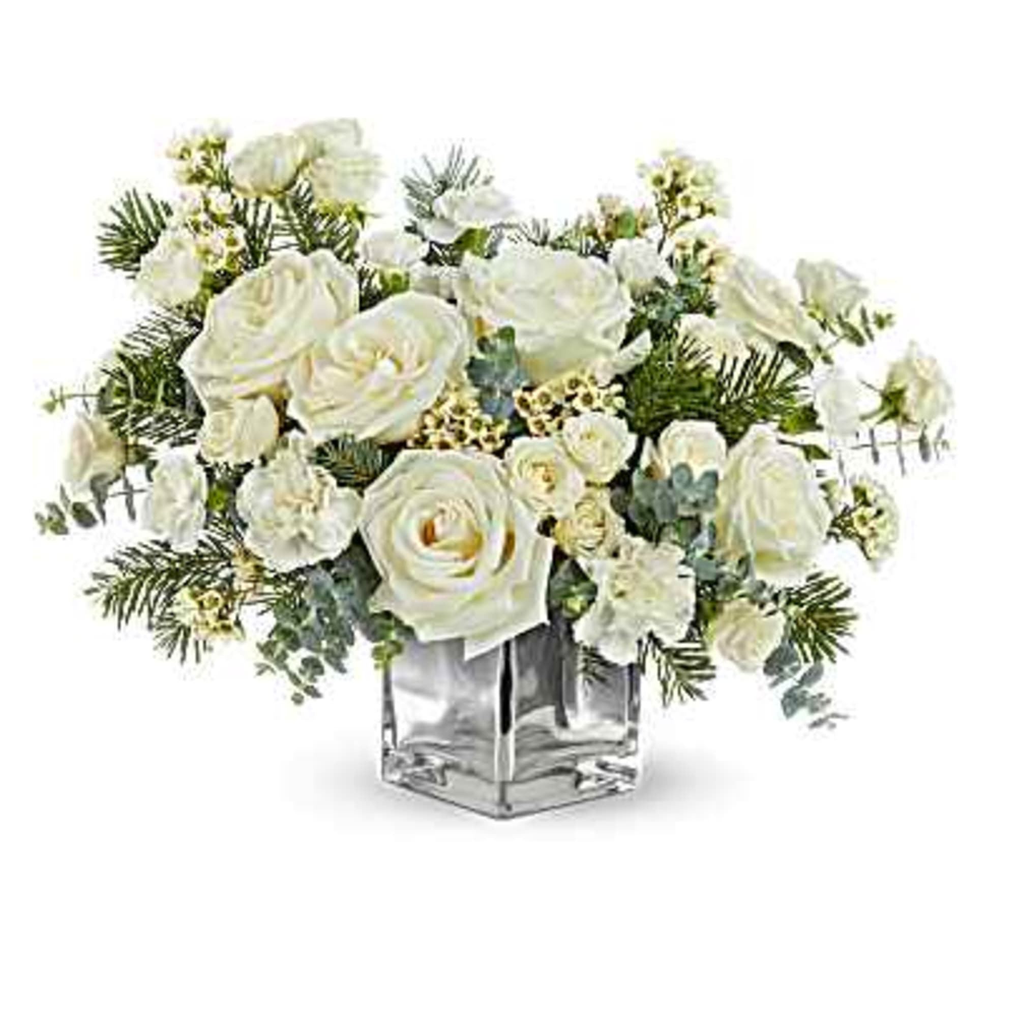 Teleflora's Arctic Blooms Bouquet captures winter's serene beauty with snowy white roses