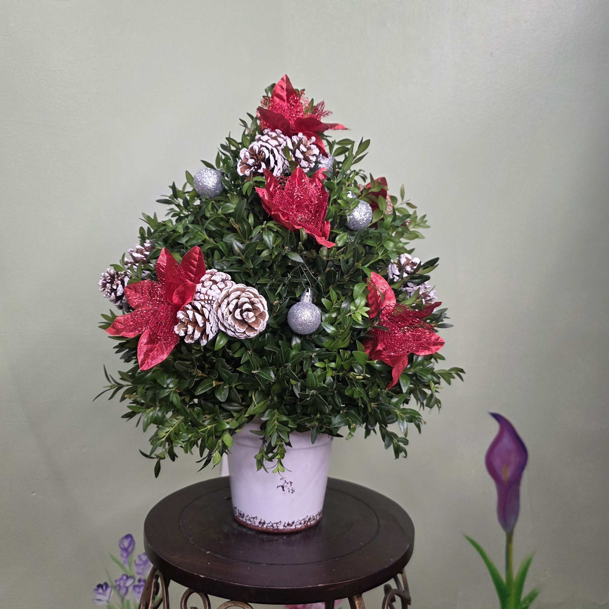 Festive Noel Rose Pot is a charming holiday arrangement featuring lush evergreen