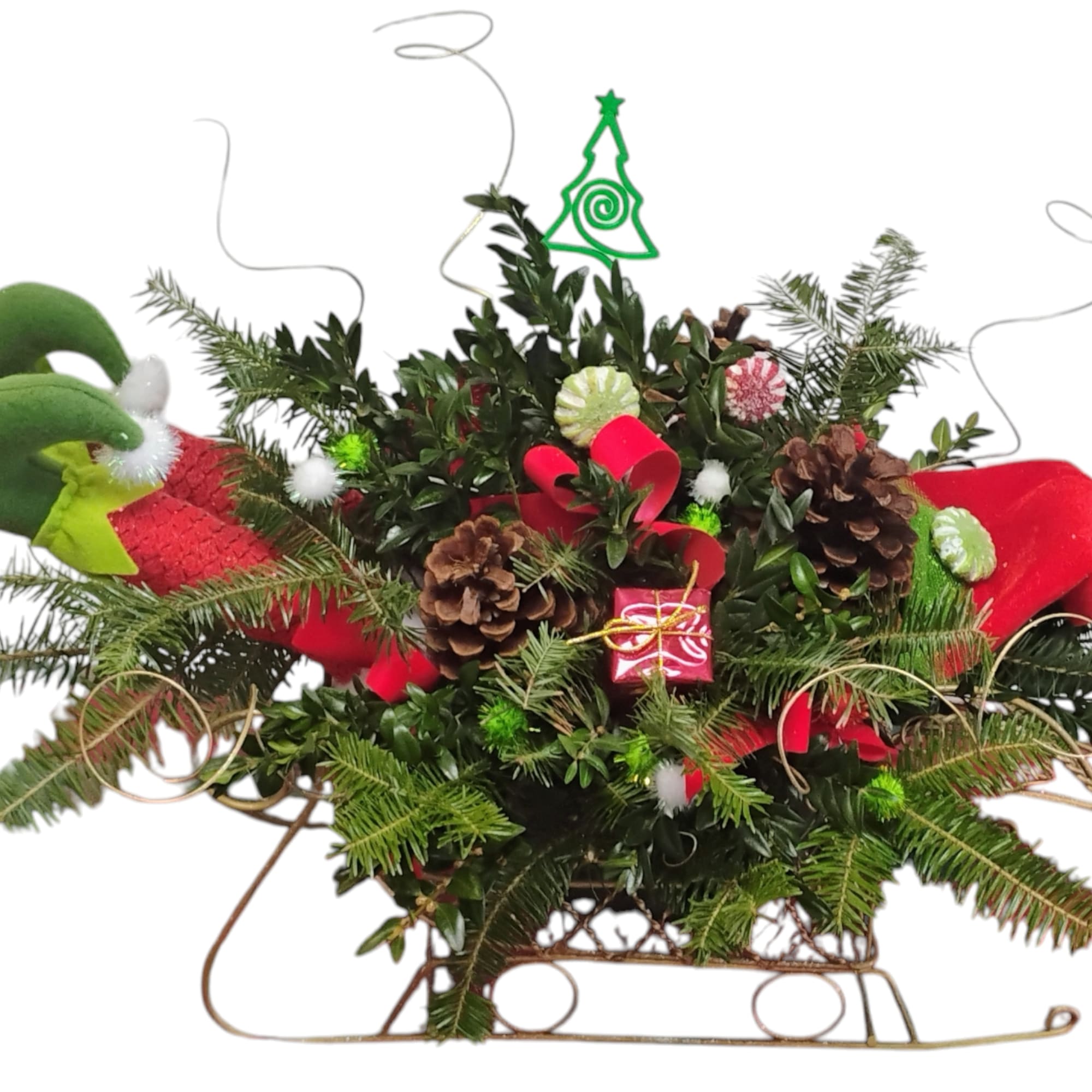 A sleepy elf, a golden sleigh, and a swirl of fresh evergreen