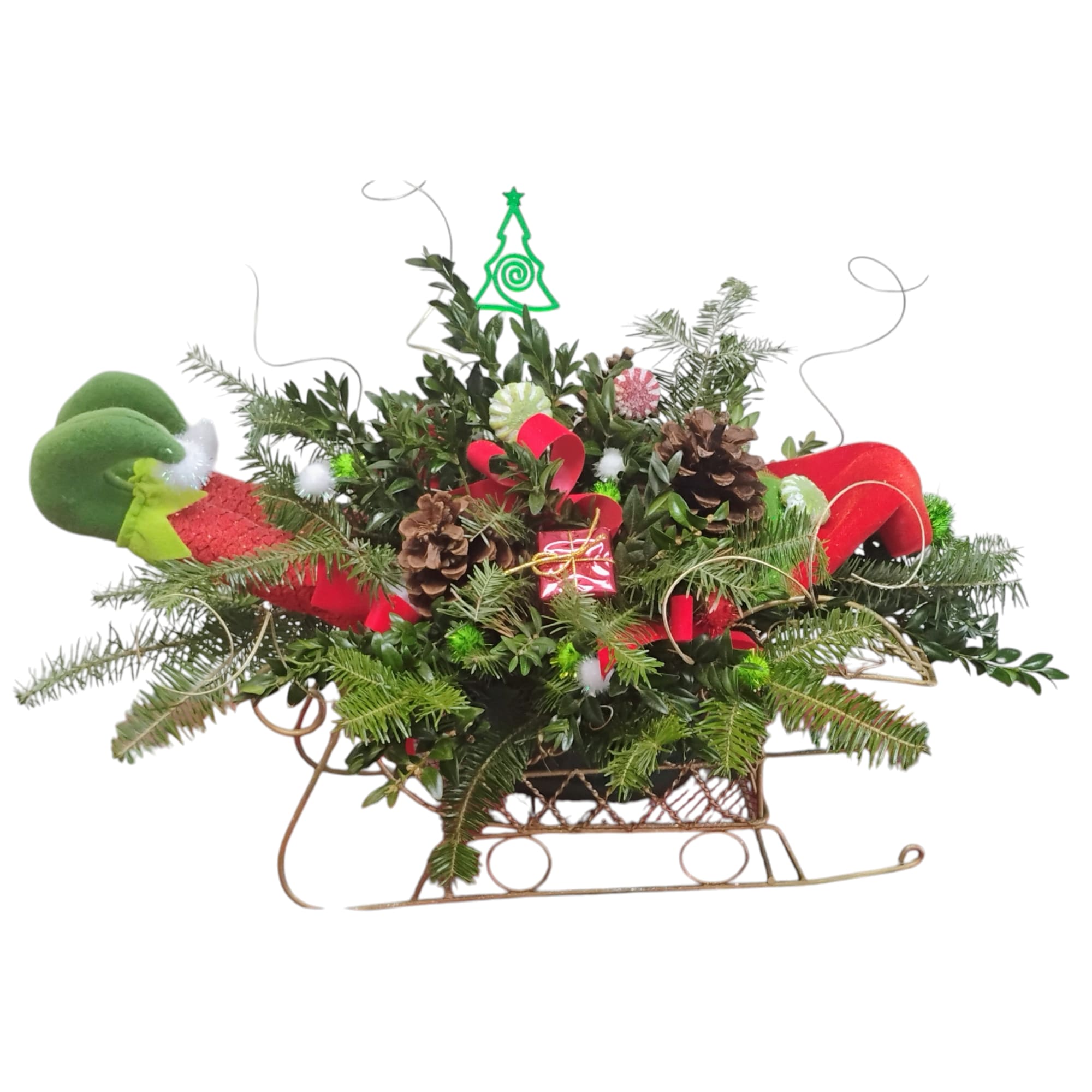 A sleepy elf, a golden sleigh, and a swirl of fresh evergreen