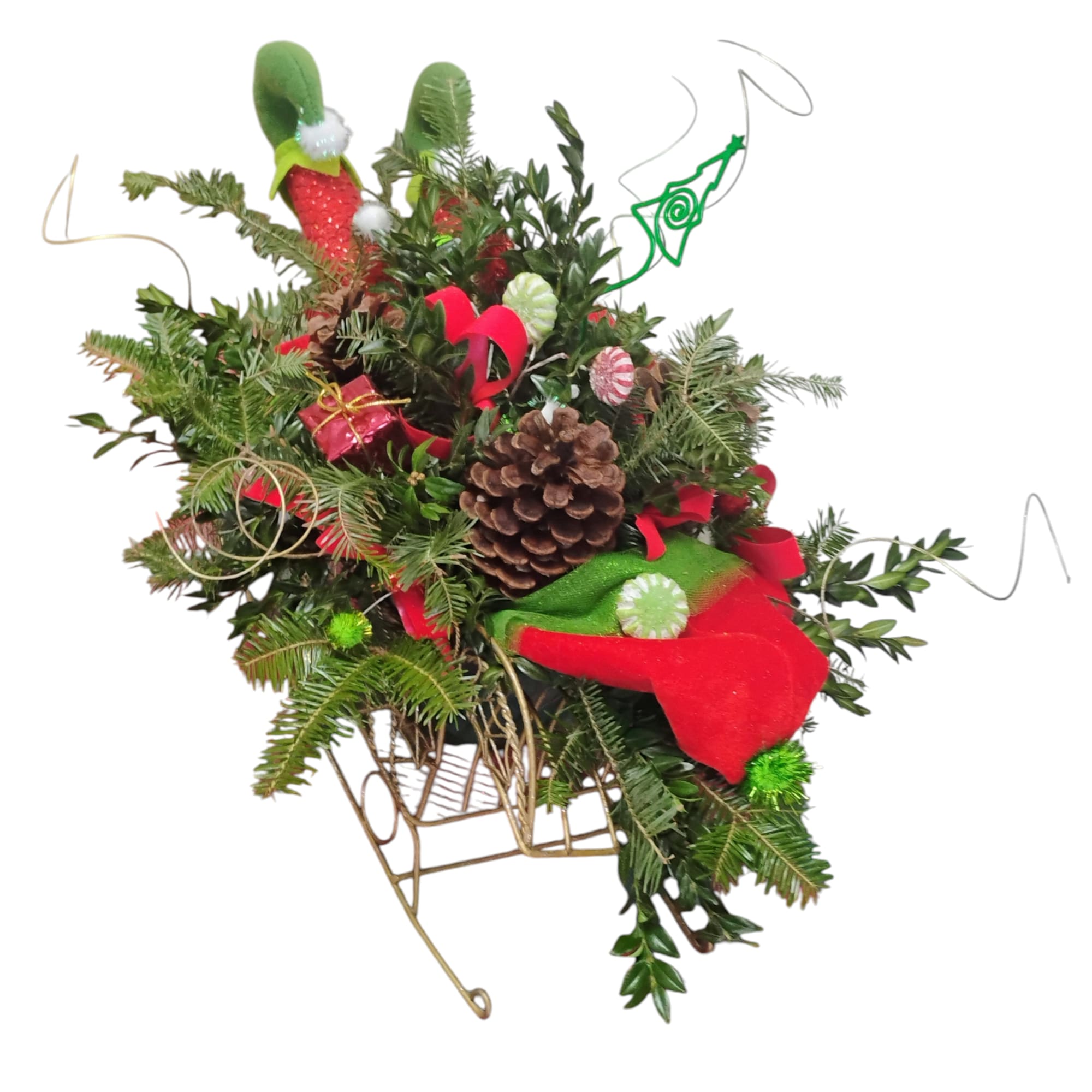 A sleepy elf, a golden sleigh, and a swirl of fresh evergreen