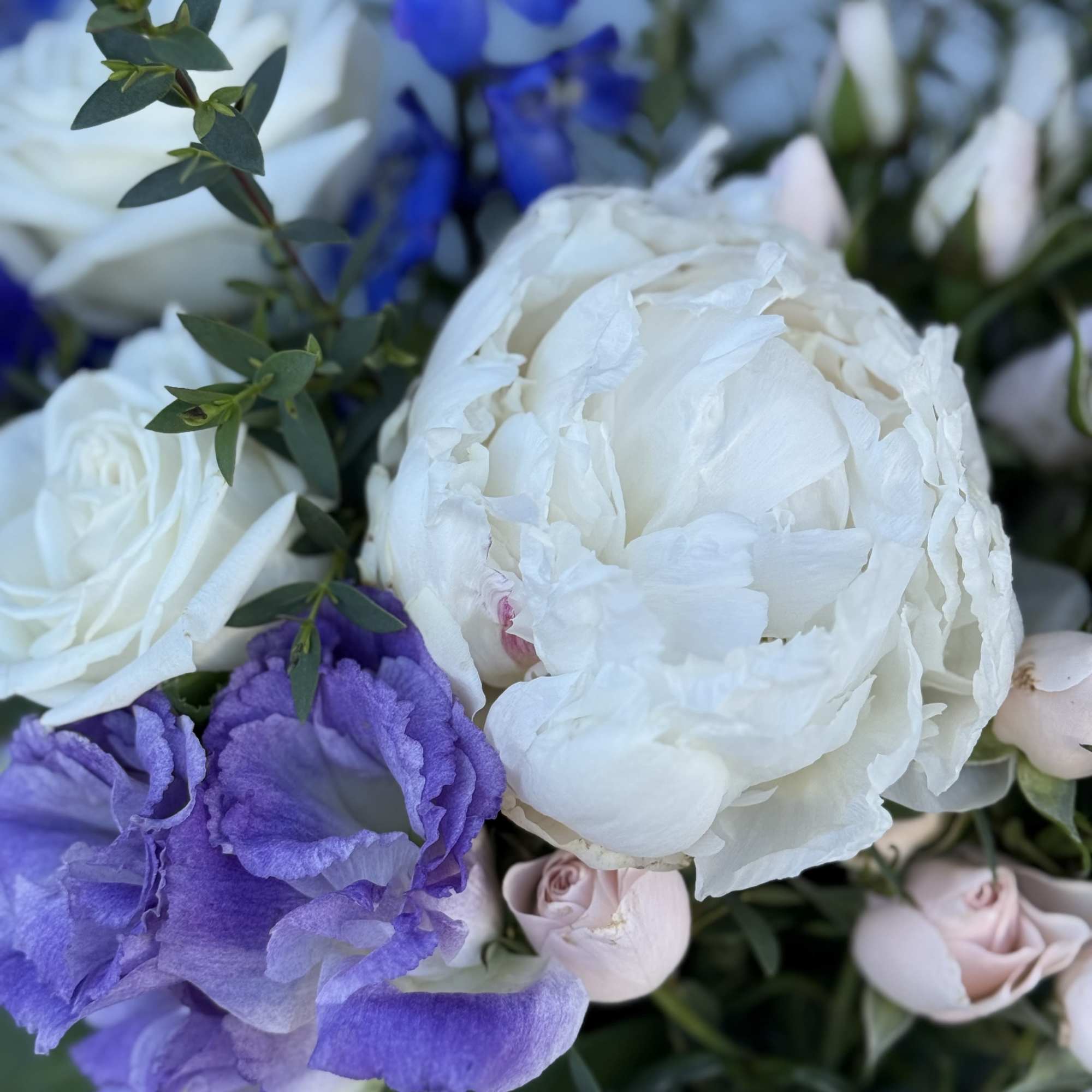 Purple arrangement

Roses
Lisianthus
Peonies
Eucalyptus


If a particular flower, is unavailable, an item of similar quality