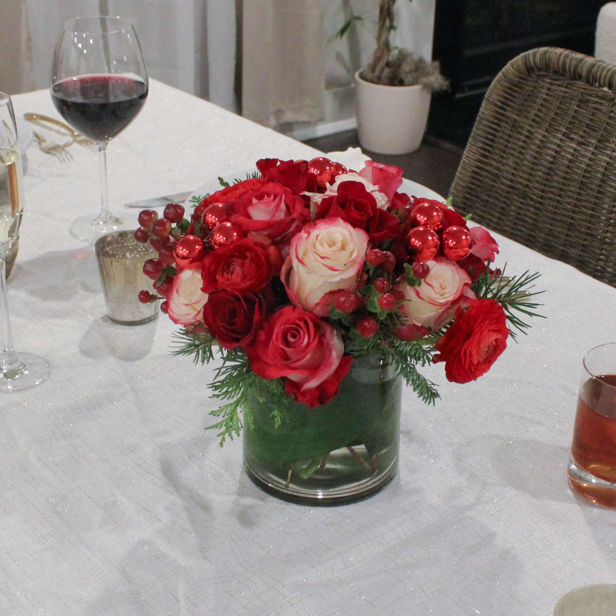 Dasher is a classic Christmas Red and White vase arrangement in a